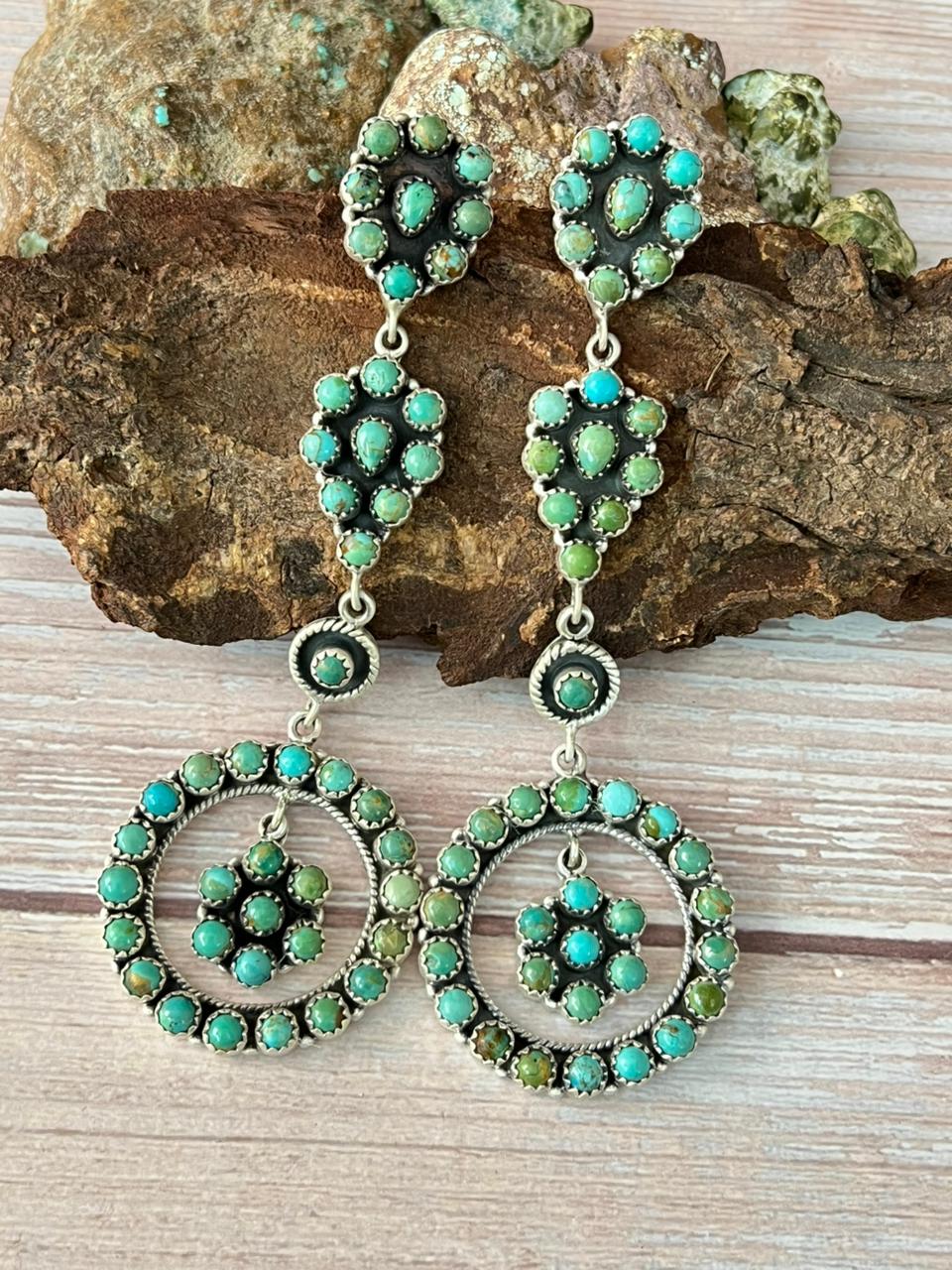 Handmade Sterling Silver Kingman Turquoise Post Dangle Earrings with Signed Nizhoni