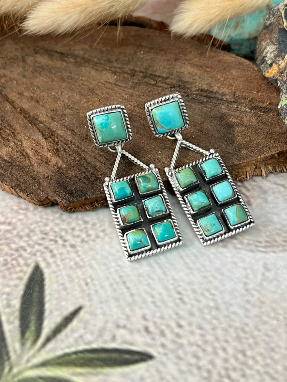 Handmade Sterling Silver Kingman Turquoise Post Dangle Earrings Signed Nizhoni