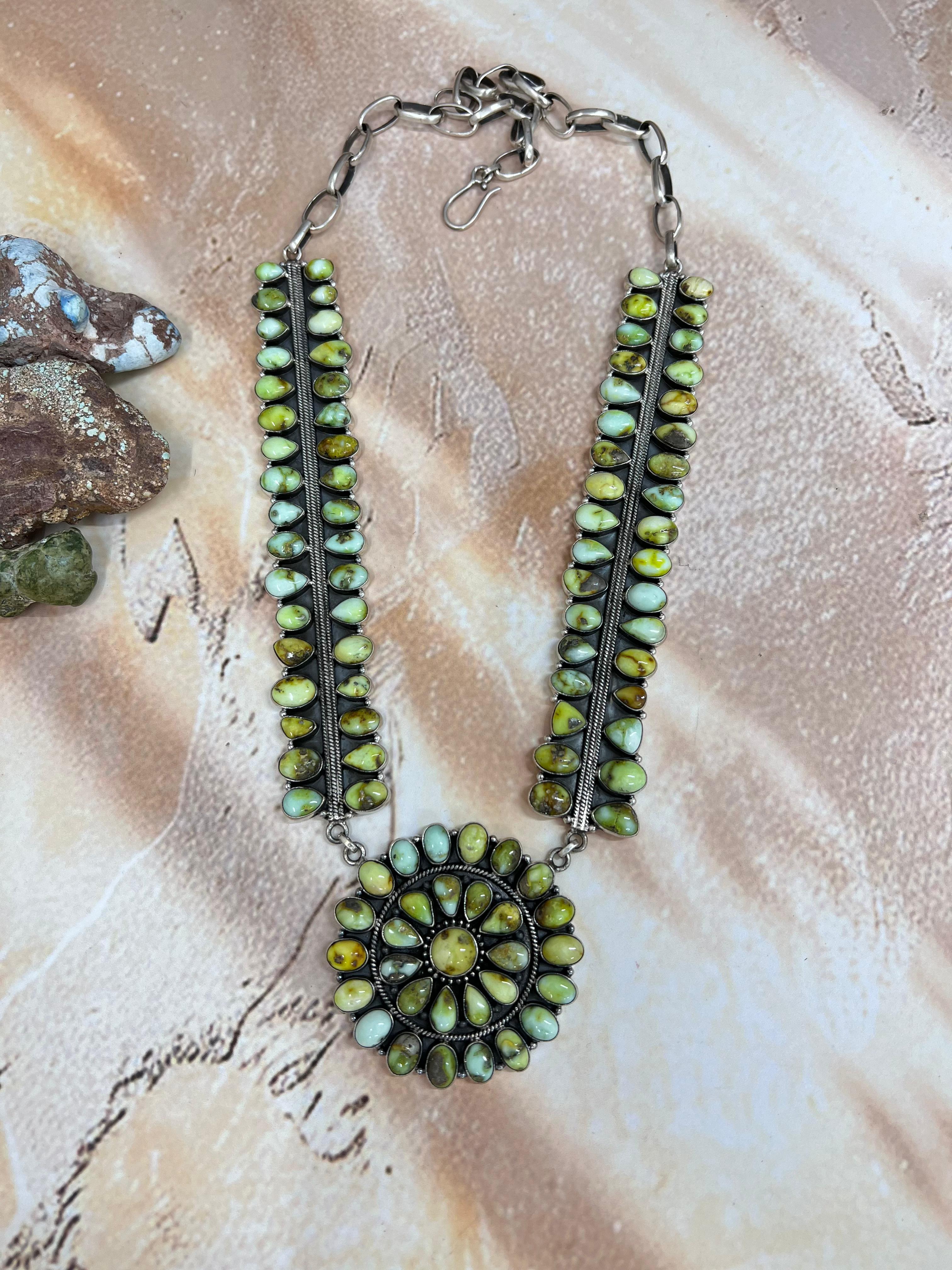 Handmade Sterling Silver Palomino Turquoise Necklace with Signed Nizhoni