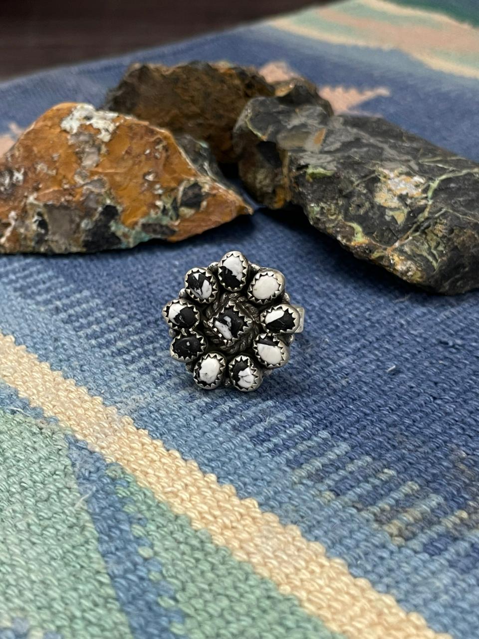 Handmade Sterling Silver White Buffalo Turquoise Adjustable Ring " Signed Nizhoni"