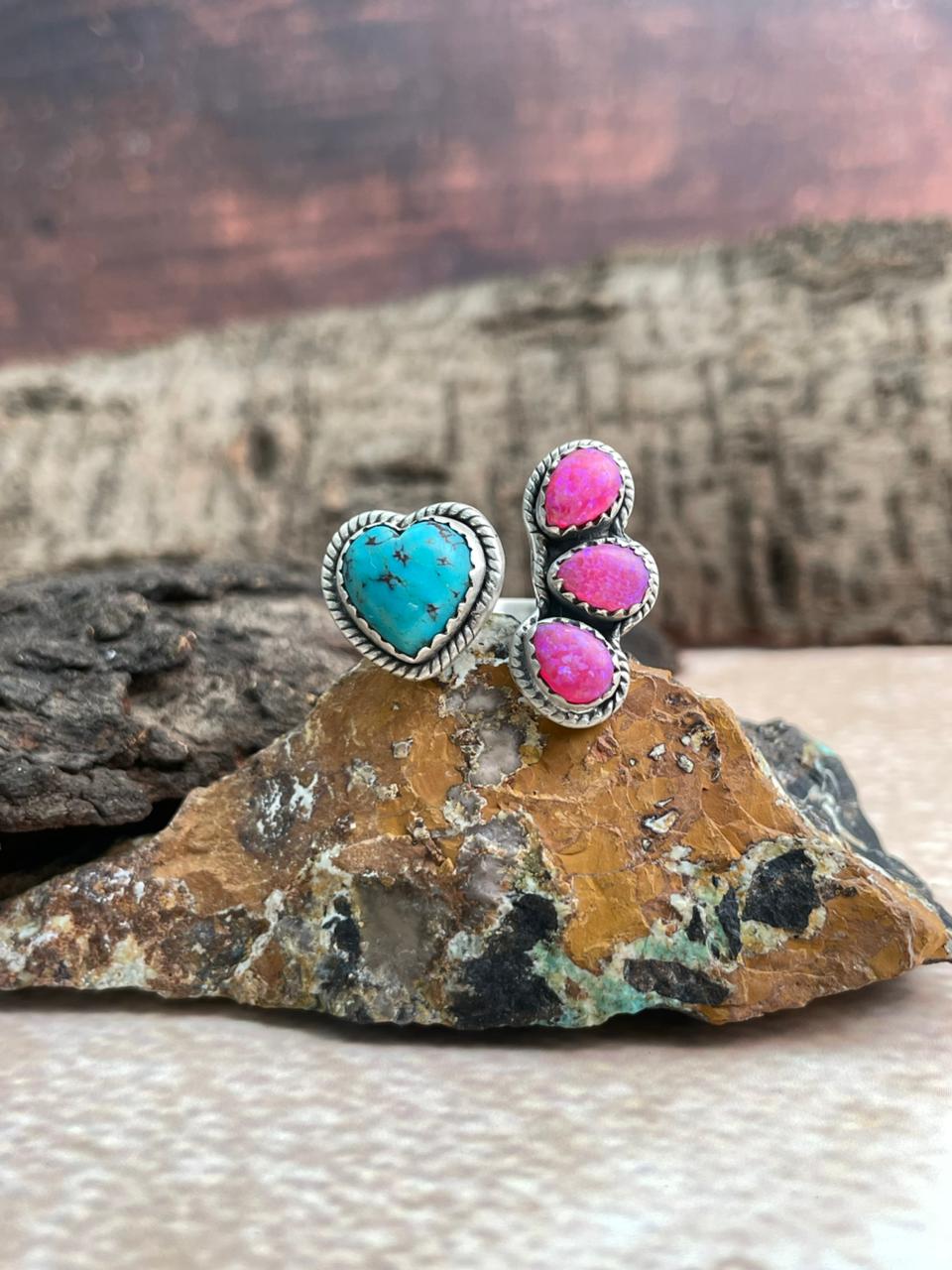 Handmade Sterling Silver Hot Pink with Arizona Turquoise Adjustable Ring "Signed Nizhoni"