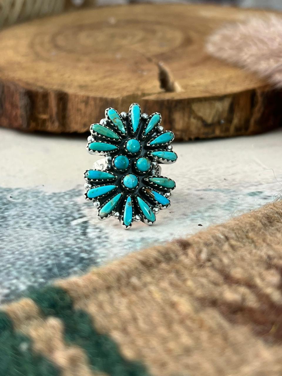 Handmade Sterling Silver Kingman Turquoise Adjustable Ring Signed Nizhoni