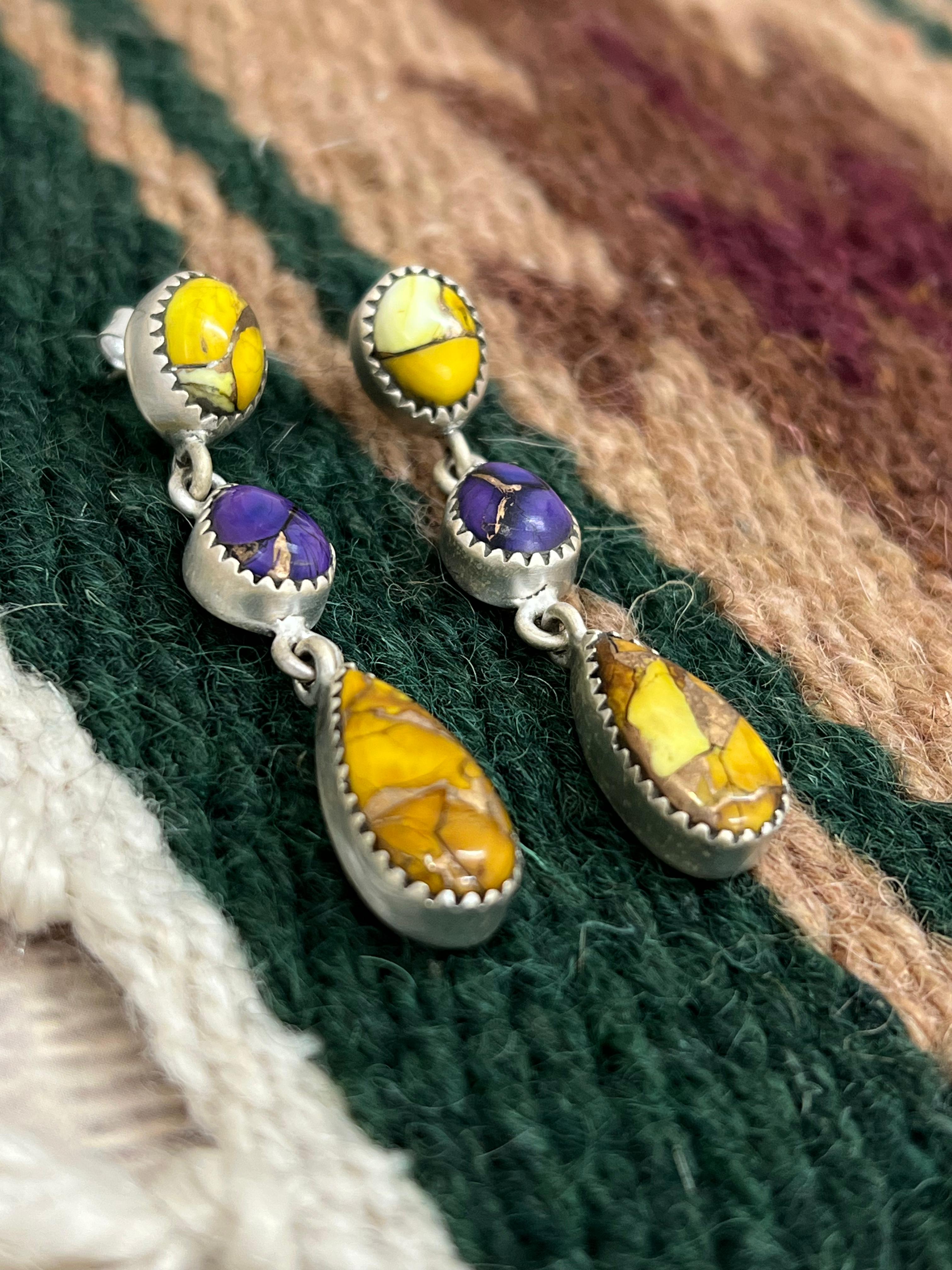 Handmade Sterling Silver Grape Dahlia With Honey Dahlia Post Studs with Signed Nizhoni