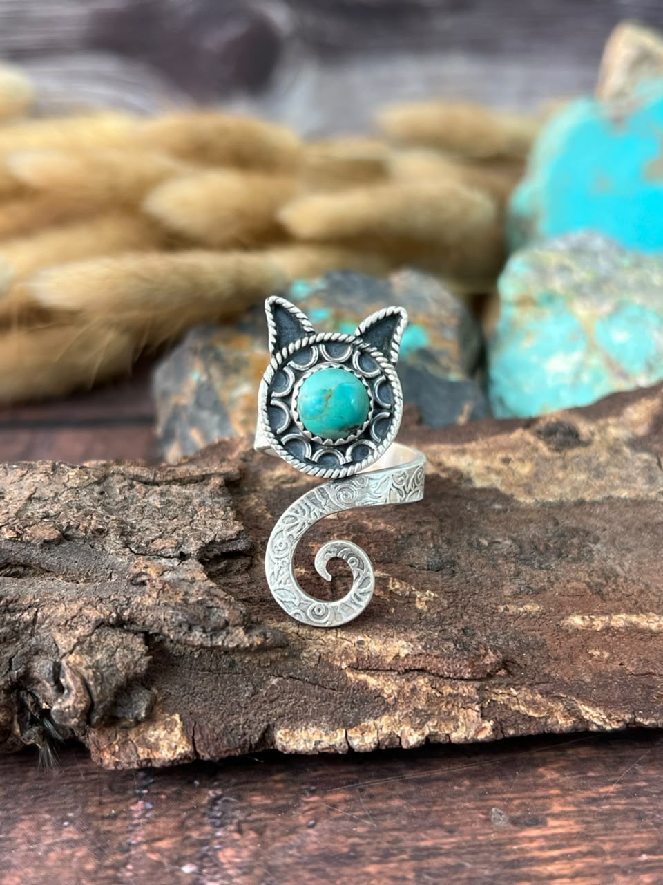 Handmade Sterling Silver Kingman Turquoise Cat Adjustable Ring Signed Nizhoni