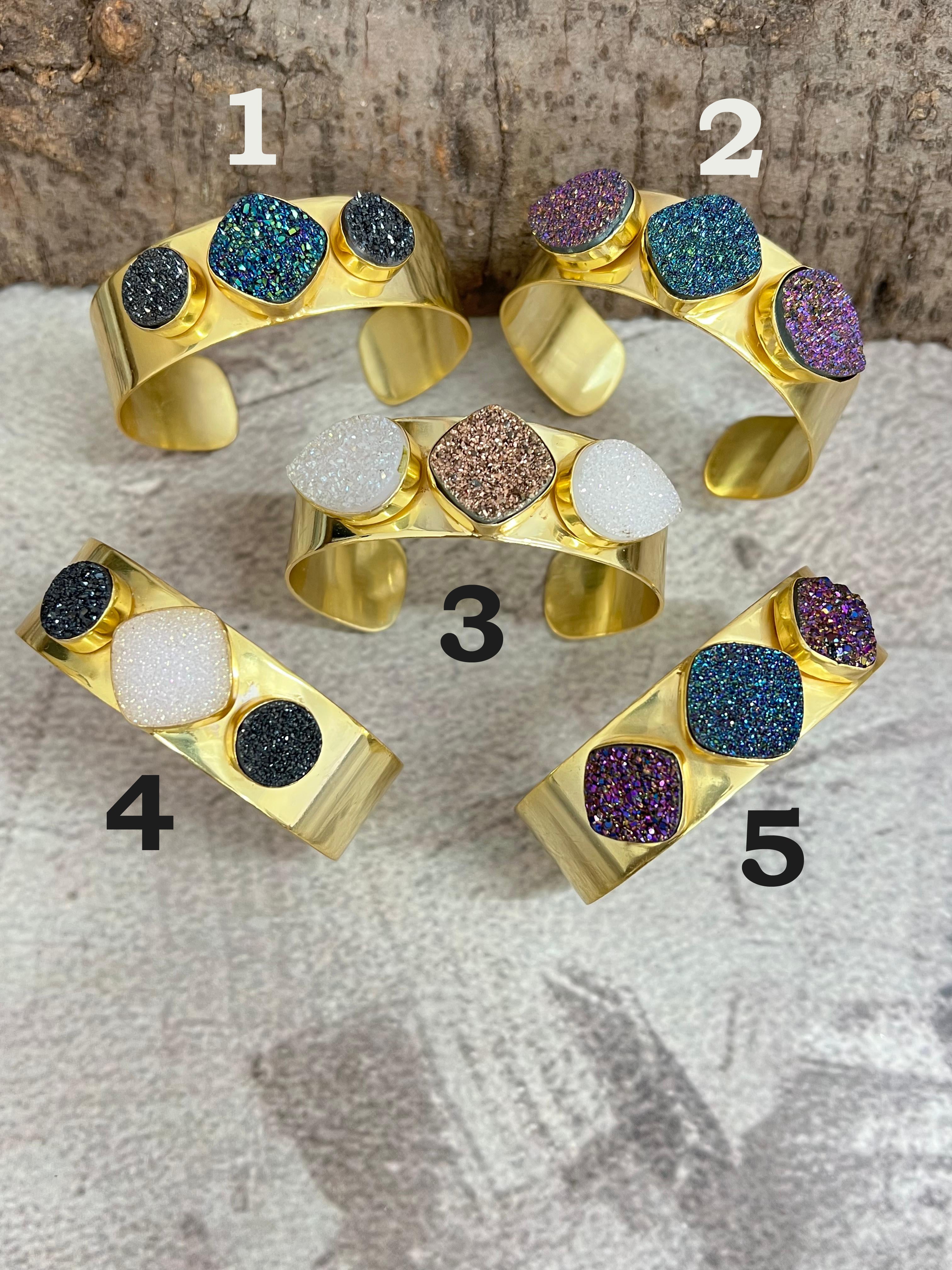 “The Boho Collection” Handmade Natural Gold Plated 3 Stone Druzy Cuff Bracelet