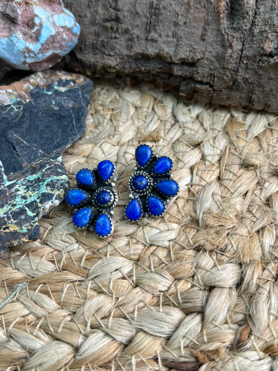 Handmade Sterling Silver Lapis Post Studs Earrings "Signed Nizhoni"