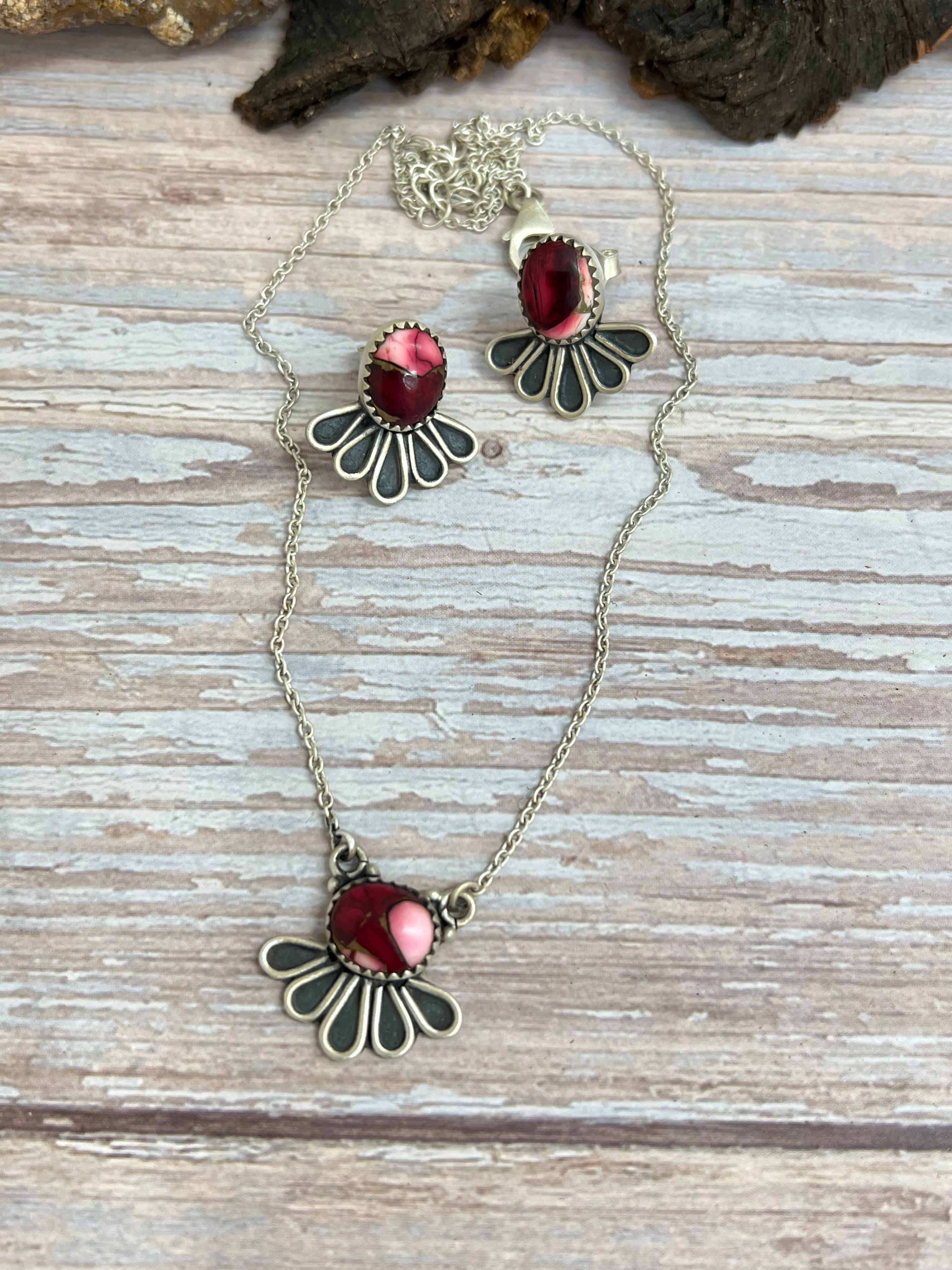 Handmade Sterling Silver Dahlia Rose Necklace Earrings Set, Signed Nizhoni