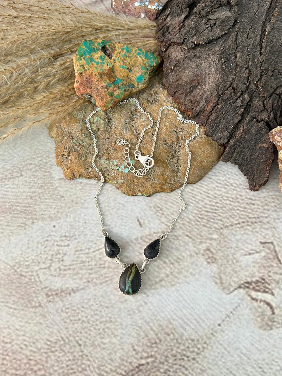 Handmade Sterling Silver Blackjack Turquoise Necklace "Signed Nizhoni"