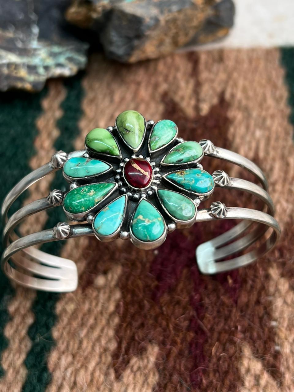 Handmade Sterling Silver Dahlia Rose with Emerald Valley Turquoise Cuff Bracelet "Signed Nizhoni"