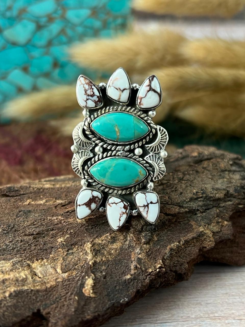 Handmade Sterling Silver Kingman with Wildhorse Magnesite Adjustable Ring "Signed Nizhoni"