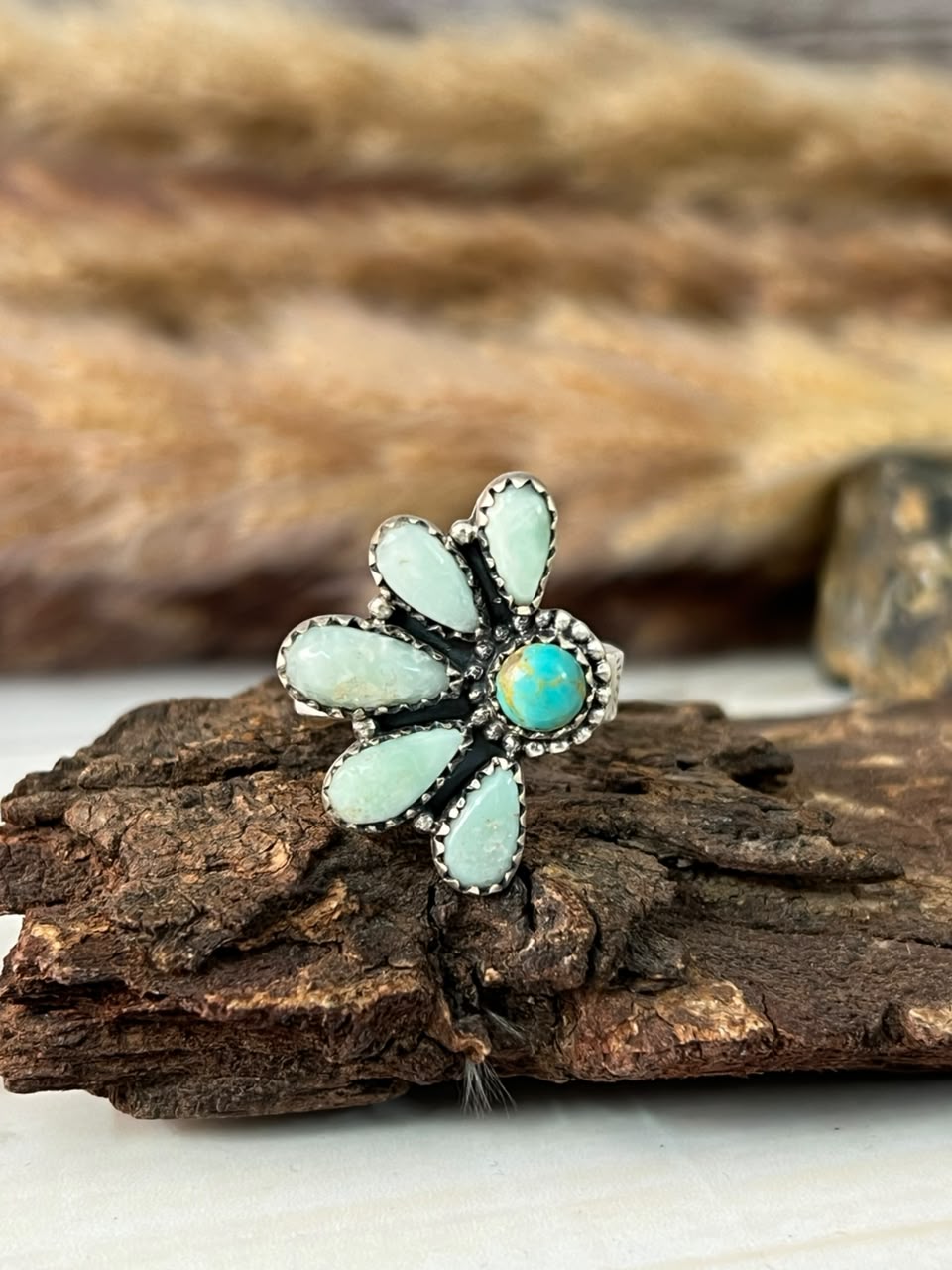 Handmade Sterling Silver Paloma with Kingman Turquoise Adjustable Ring Signed Nizhoni