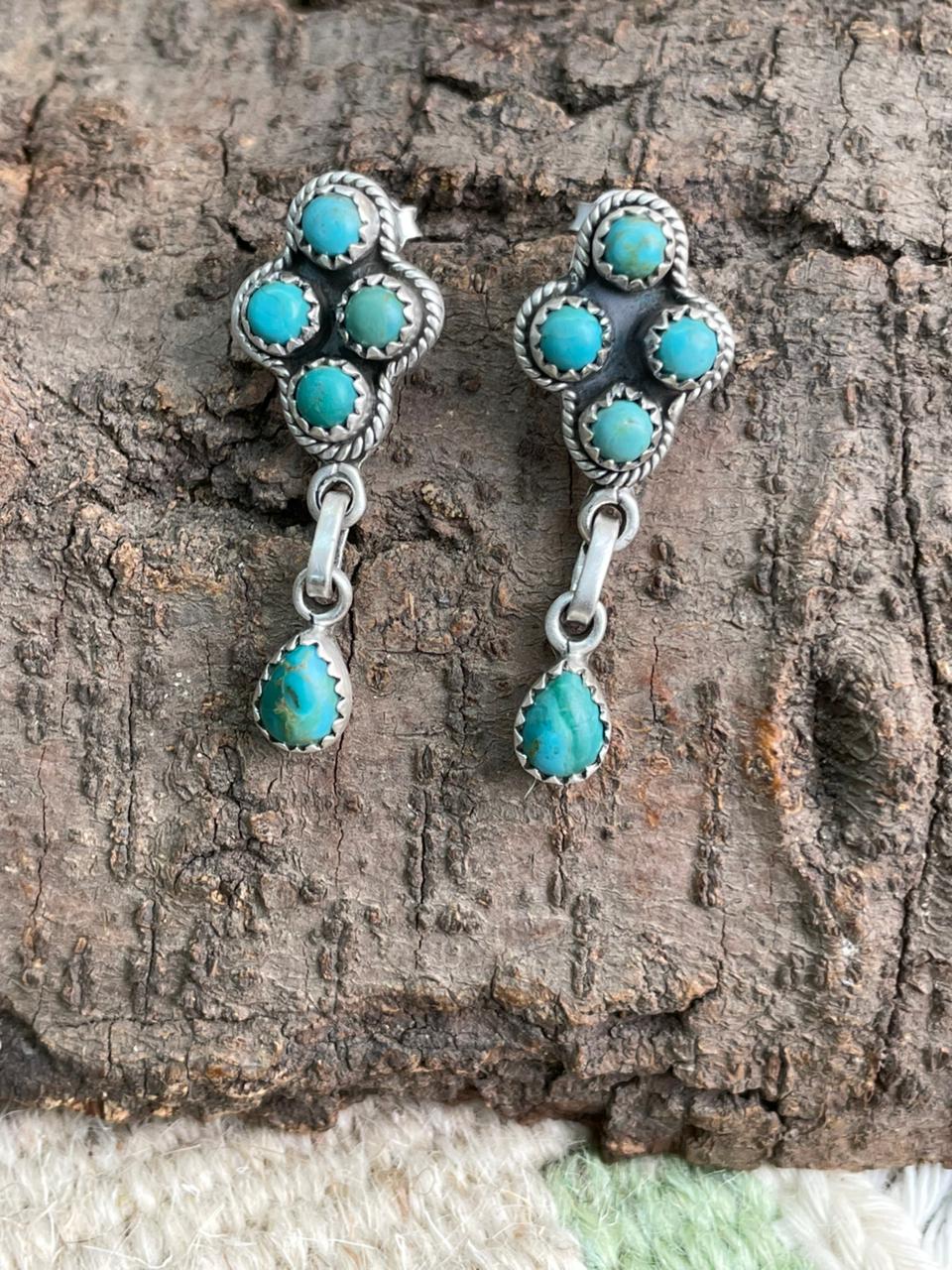 Handmade Sterling Silver Kingman Turquoise Post Dangle Earrings "Signed Nizhoni"