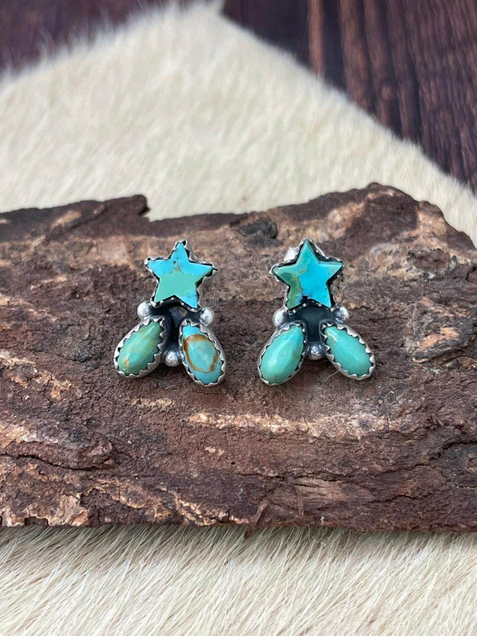 Handmade Sterling Silver Kingman Turquoise Studs Earrings "Signed Nizhoni"