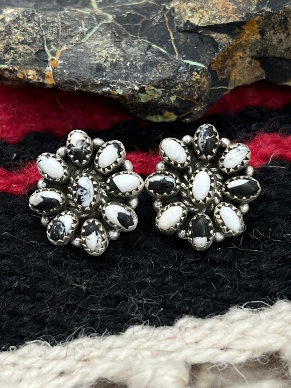 Handmade Sterling Silver White Buffalo with Red Opal Studs Post Earrings "Signed Nizhoni"