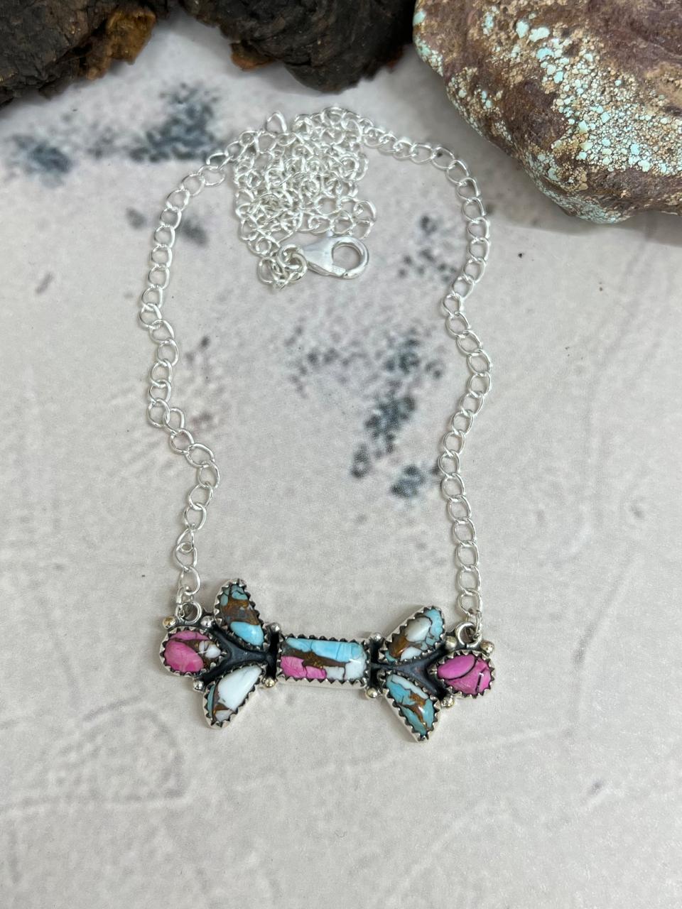 Handmade Sterling Silver Cotton Candy Turquoise Necklace with Signed Nizhoni