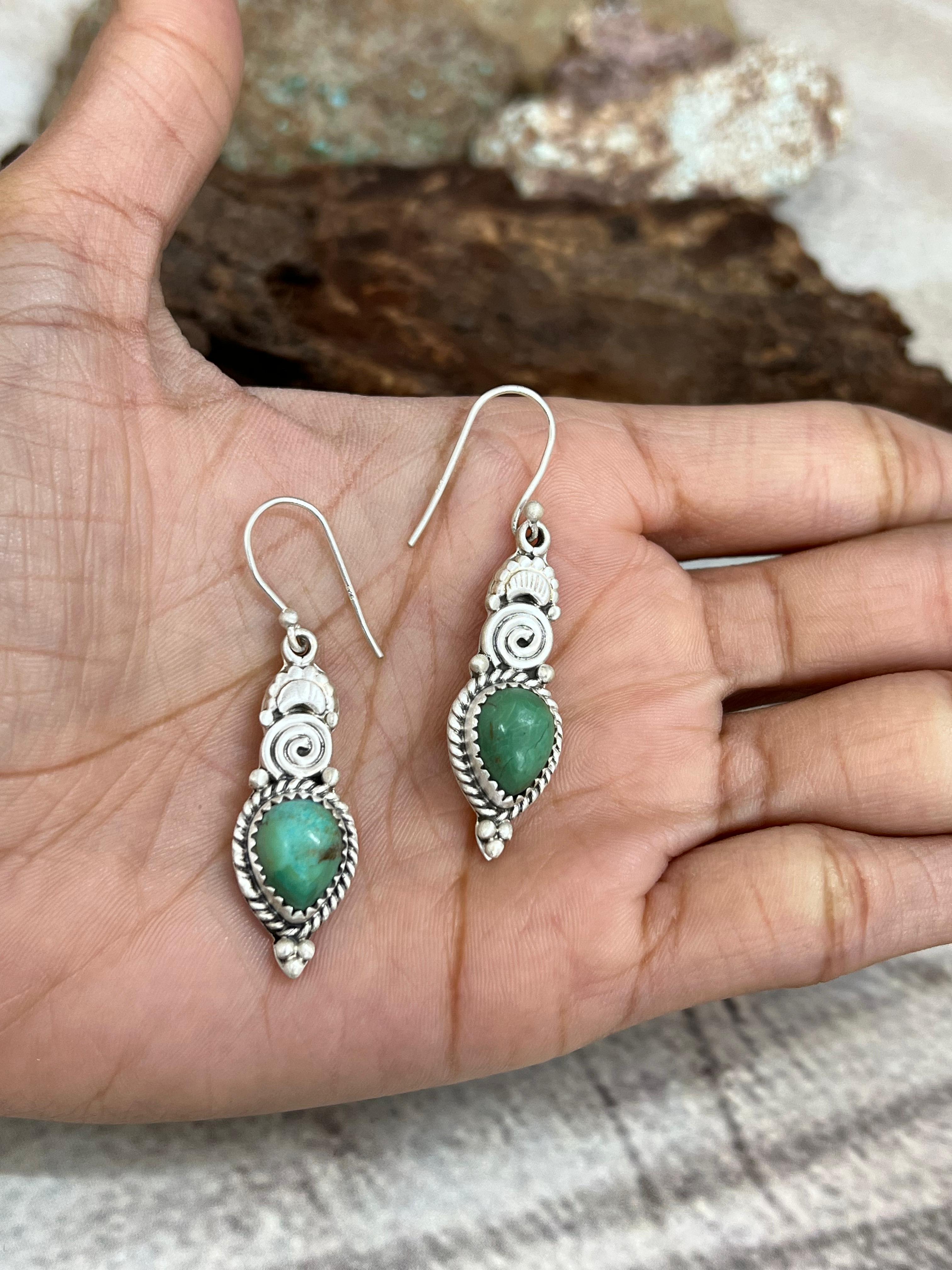 Handmade Sterling Silver Kingman Turquoise Hoop Dangle Earrings with Signed Nizhoni