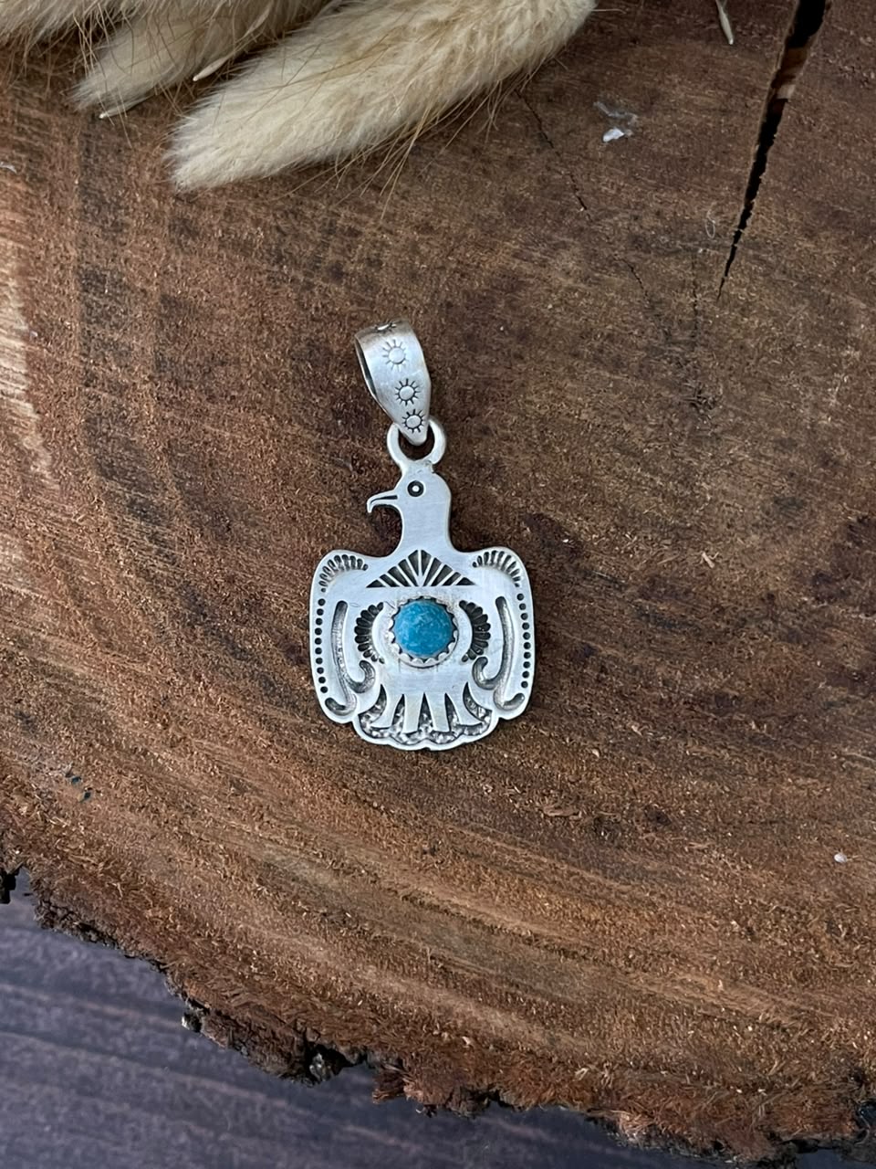 Handmade Sterling Silver Kingman Turquoise Thunderbird Pendant Signed Nizhoni (9)