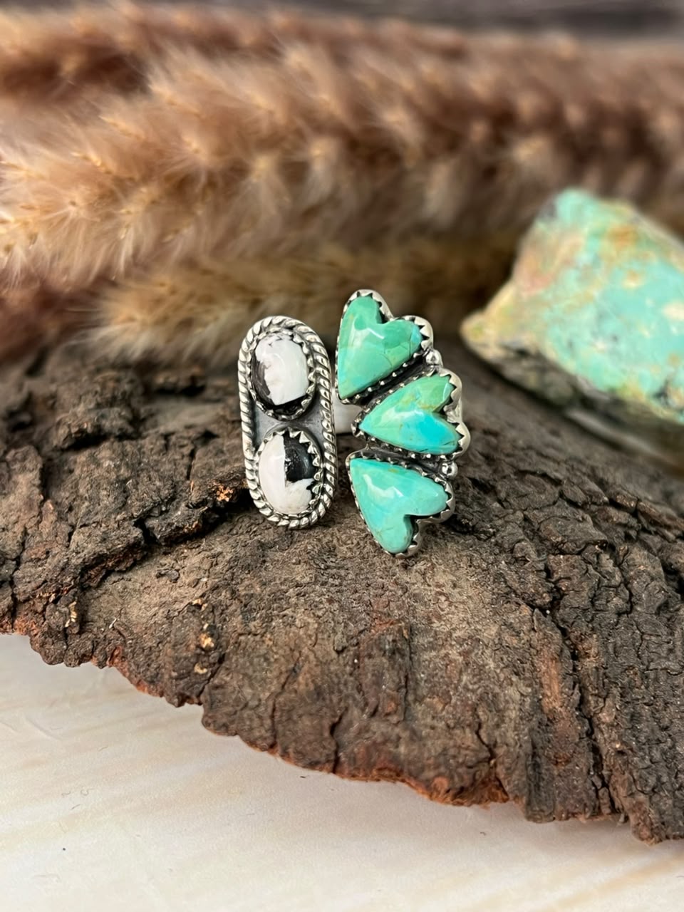 Handmade Sterling Silver Kingman Turquoise and White Buffalo Adjustable Ring Signed Nizhoni