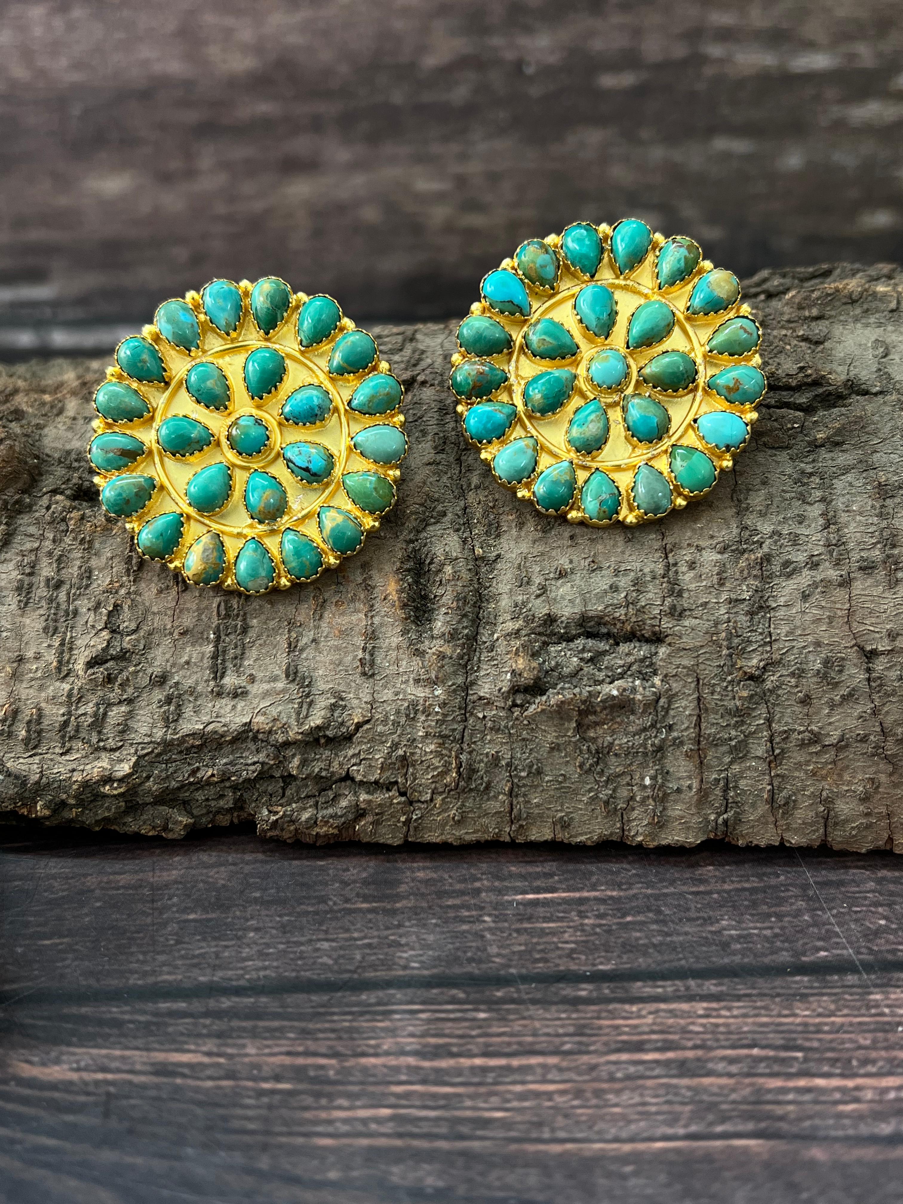 “The Golden Collection” Handmade Natural Kingman Turquoise Gold Plated Sterling Silver Cluster Post Earrings
