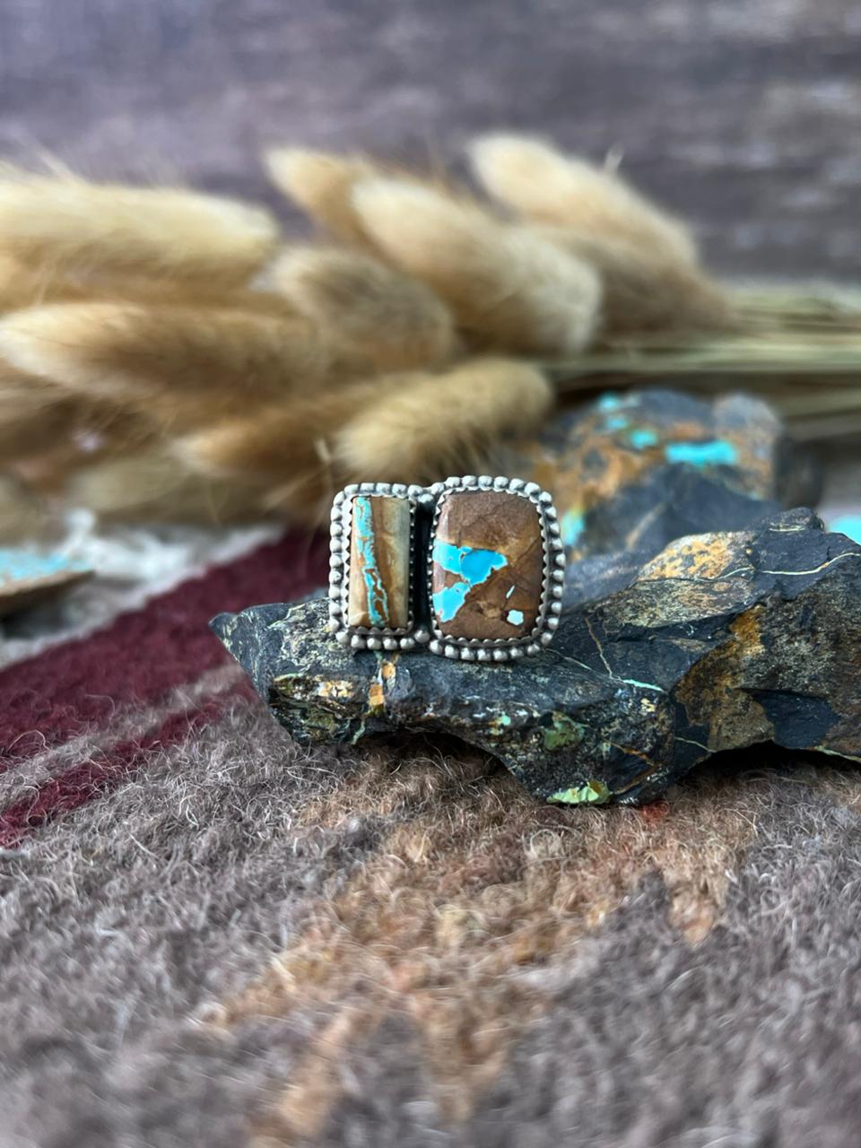 Handmade Sterling Silver Royston Ribbon Turquoise Adjusatble Ring "Signed Nizhoni"