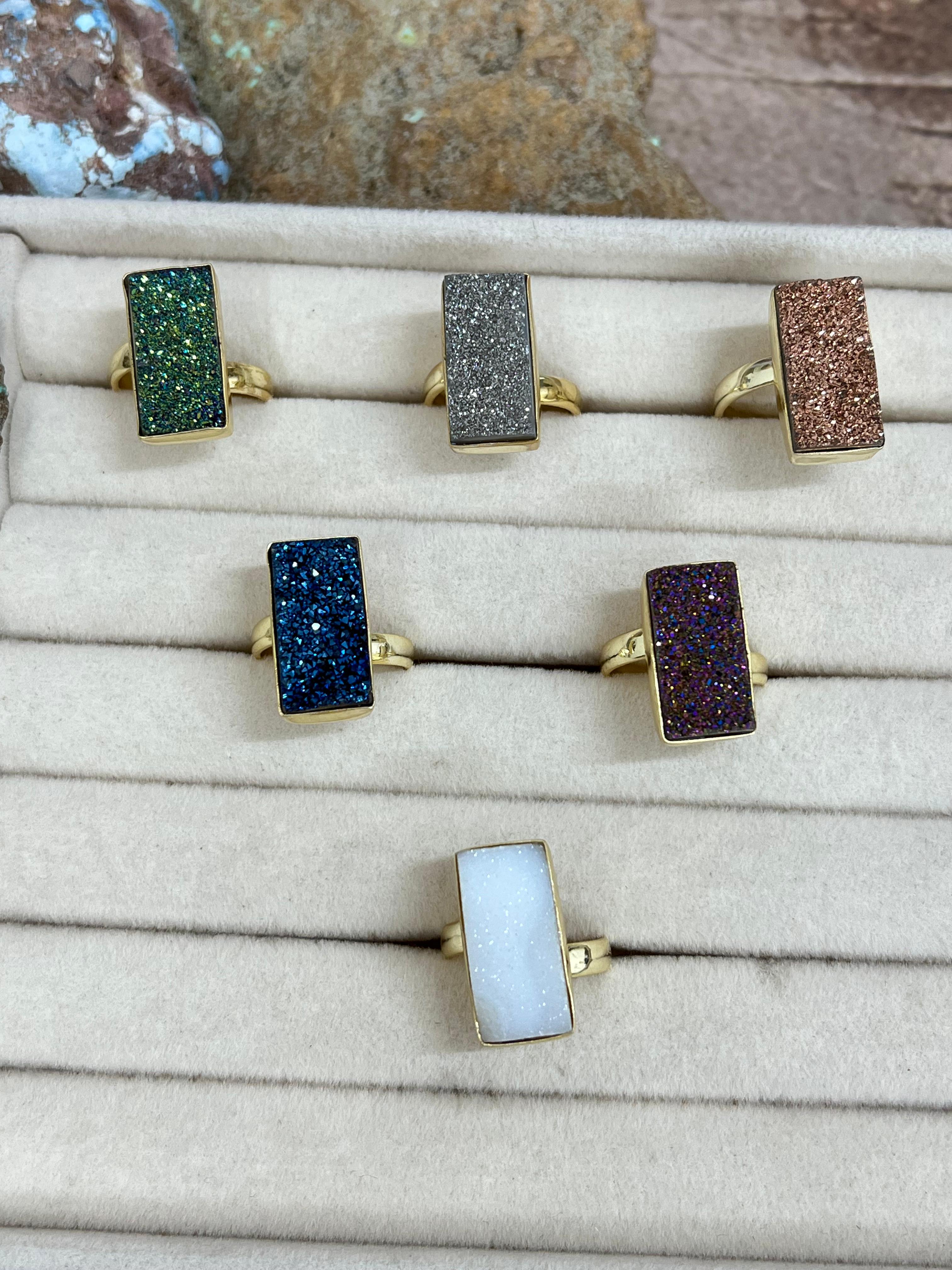 “The Boho Collection” Handmade Natural Druzy Adjustable Baguette Ring- 6 Colors
