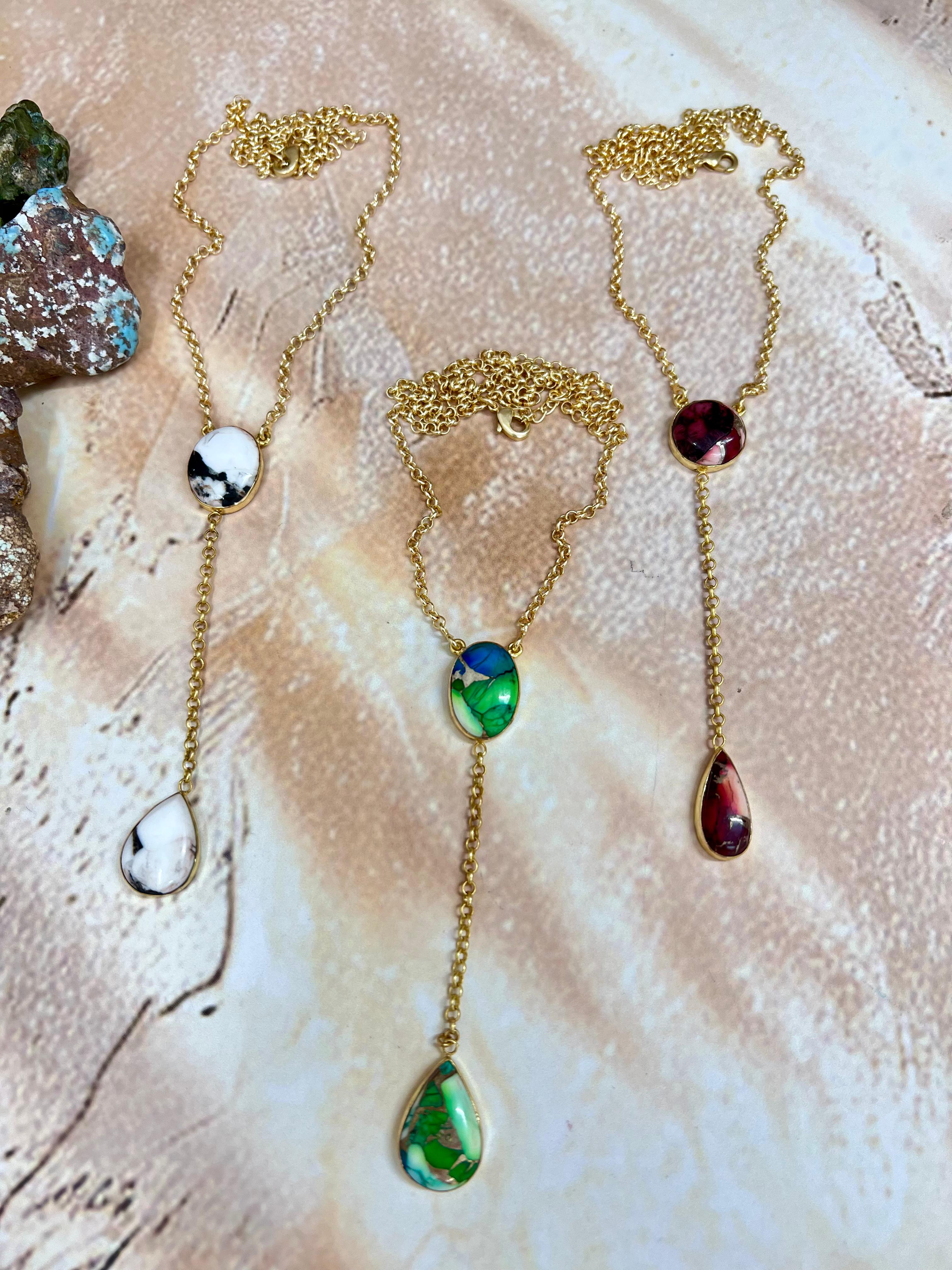 “The Golden Collection” Natural White Buffalo, Peacock Dahlia, Dahlia Rose Drop Necklace
