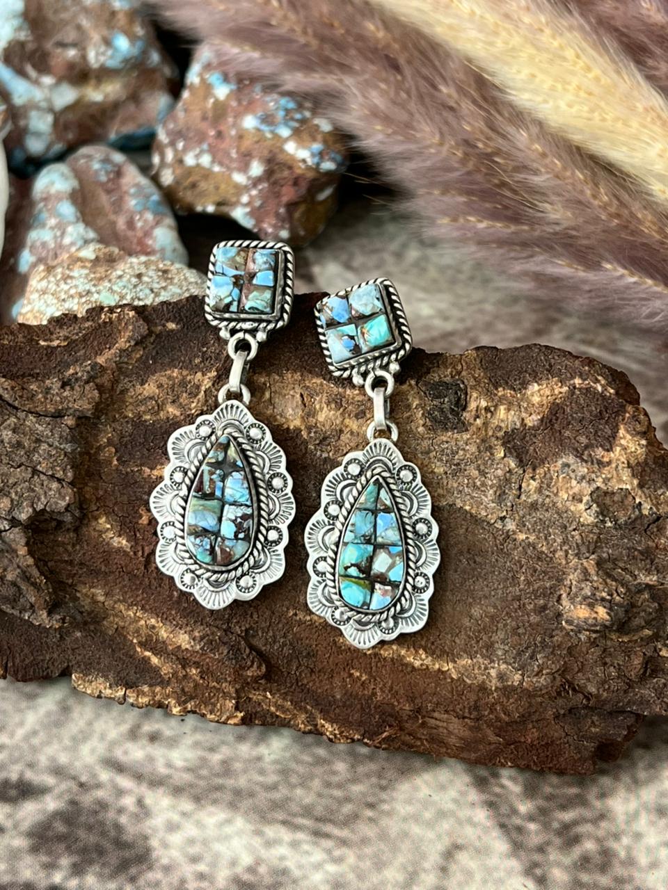 Handmade Sterling Silver Golden Hills Cobble Collection Post Dangle Earrings "Signed Nizhoni"
