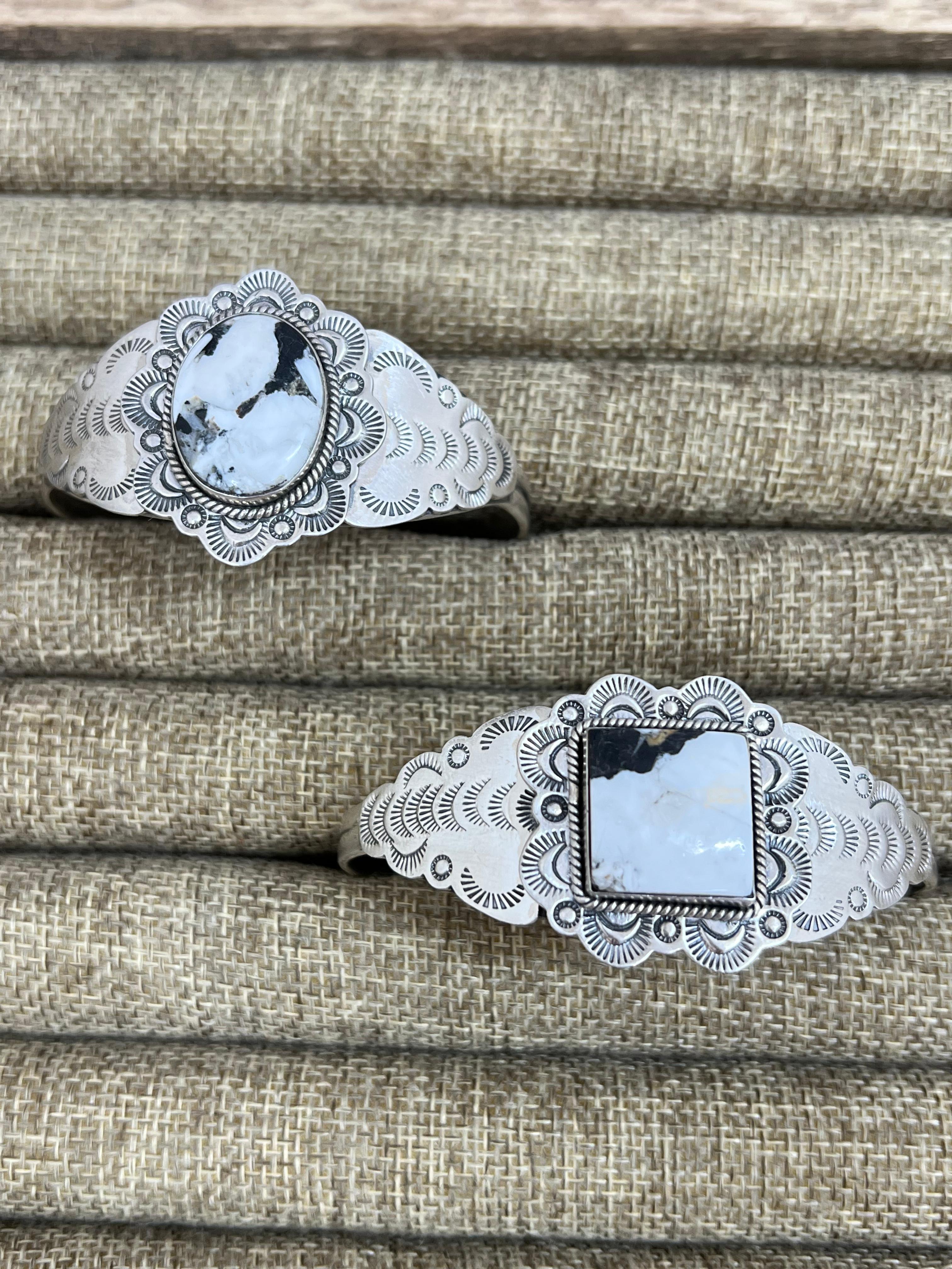 Handmade Sterling Silver White Buffalo Turquoise Cuff Bracelet with Signed Nizhoni