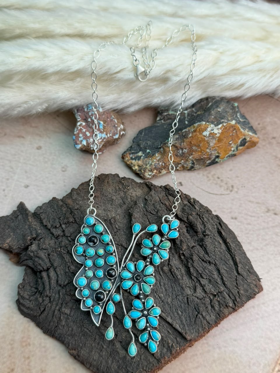 Handmade Sterling Silver White Buffalo with Kingman Turquoise Butterfly Necklace Signed Nizhoni
