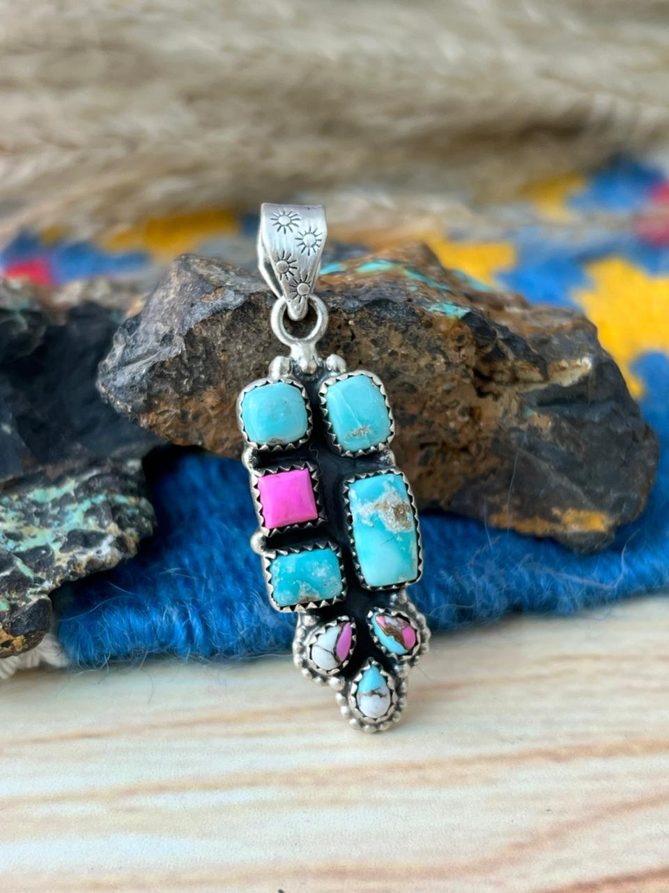 Handmade Sterling Silver Cotton Candy with White Water Turquoise Pendant "Signed Nizhoni"