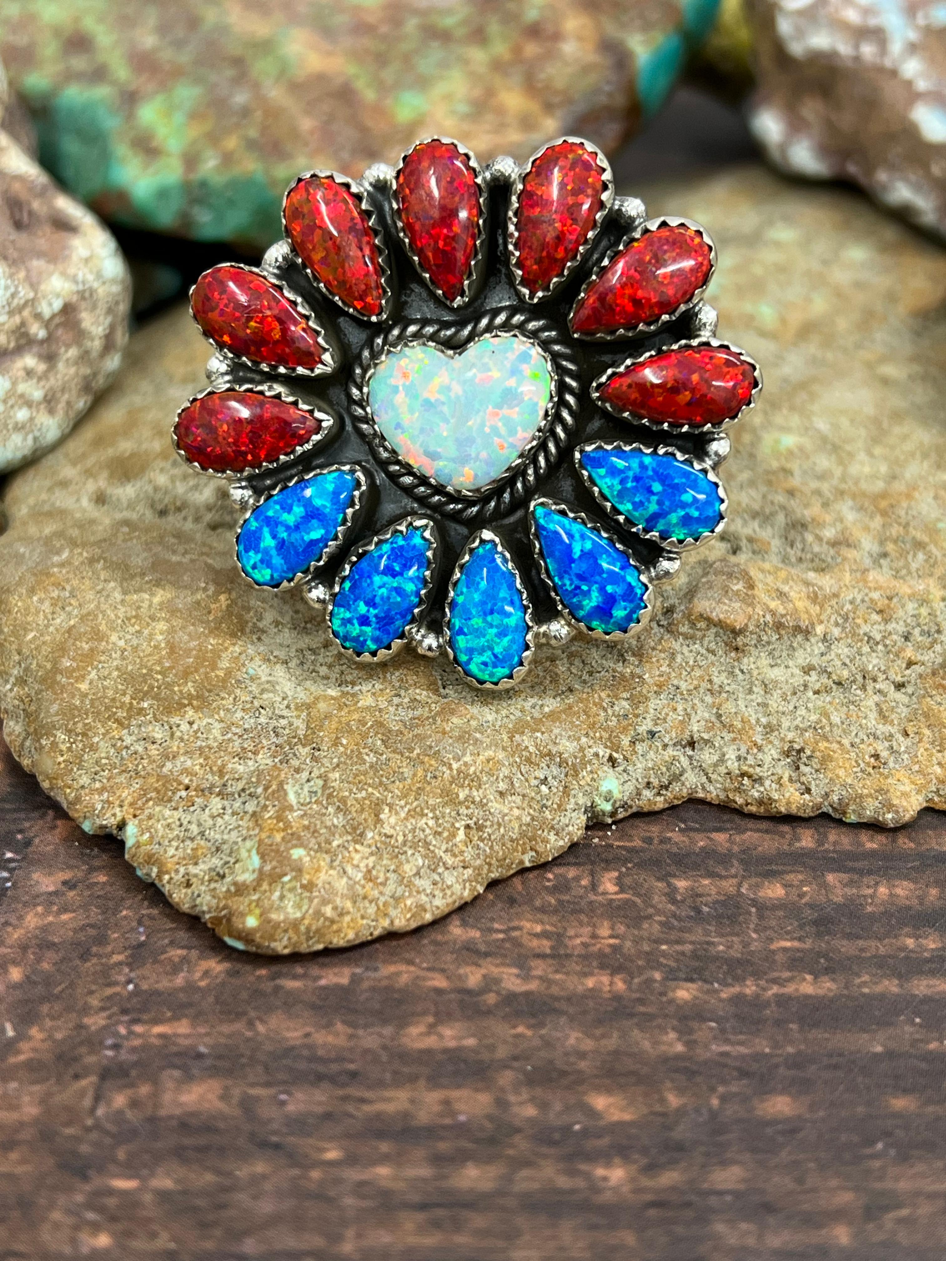 ** 4TH OF JULY ** Handmade Sterling Silver Synthetic Opal Adjustable Ring with Signed Nizhoni