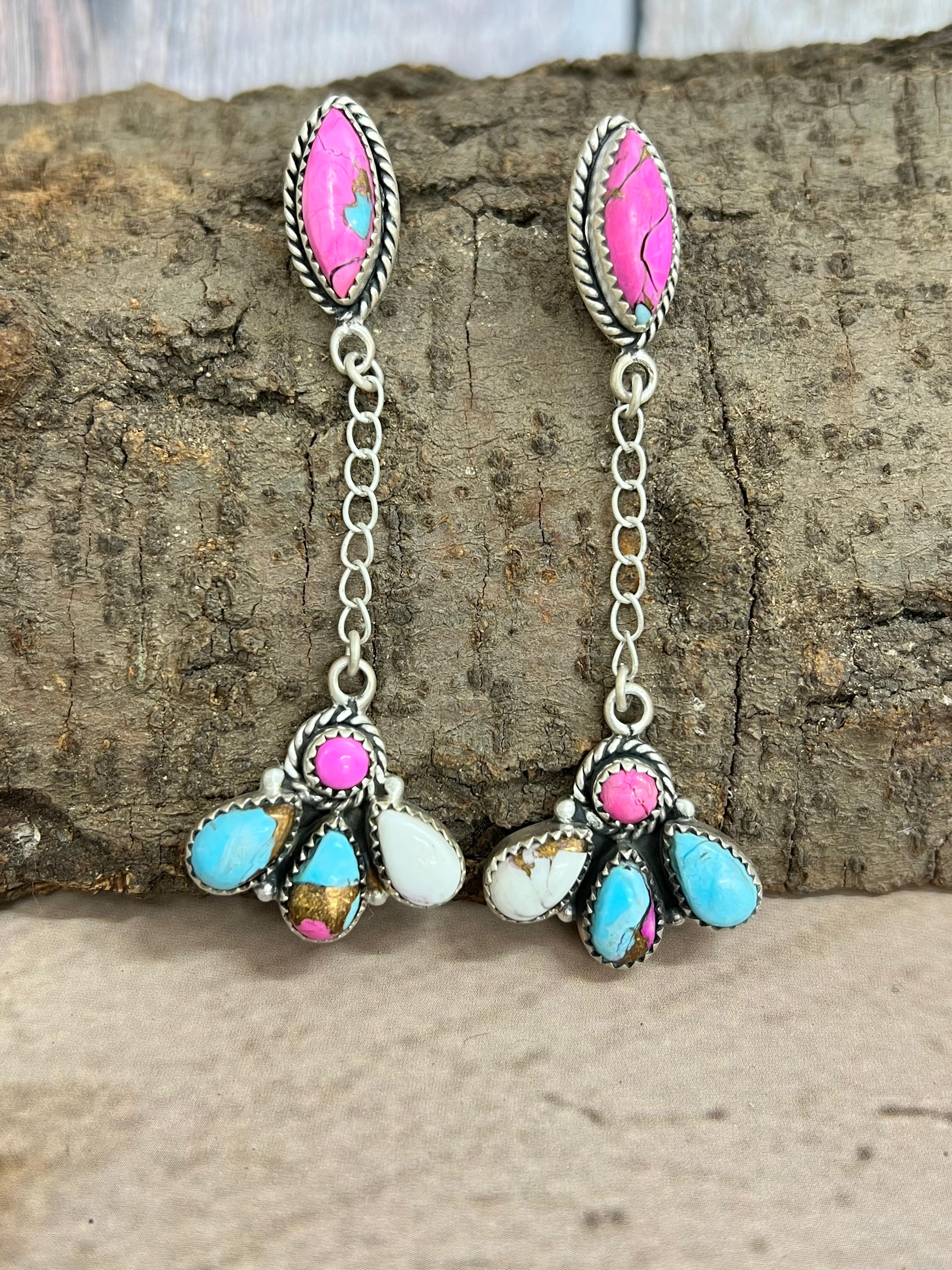 Handmade Sterling Silver Cotton Candy Turquoise Dangle Earrings with Signed Nizhoni