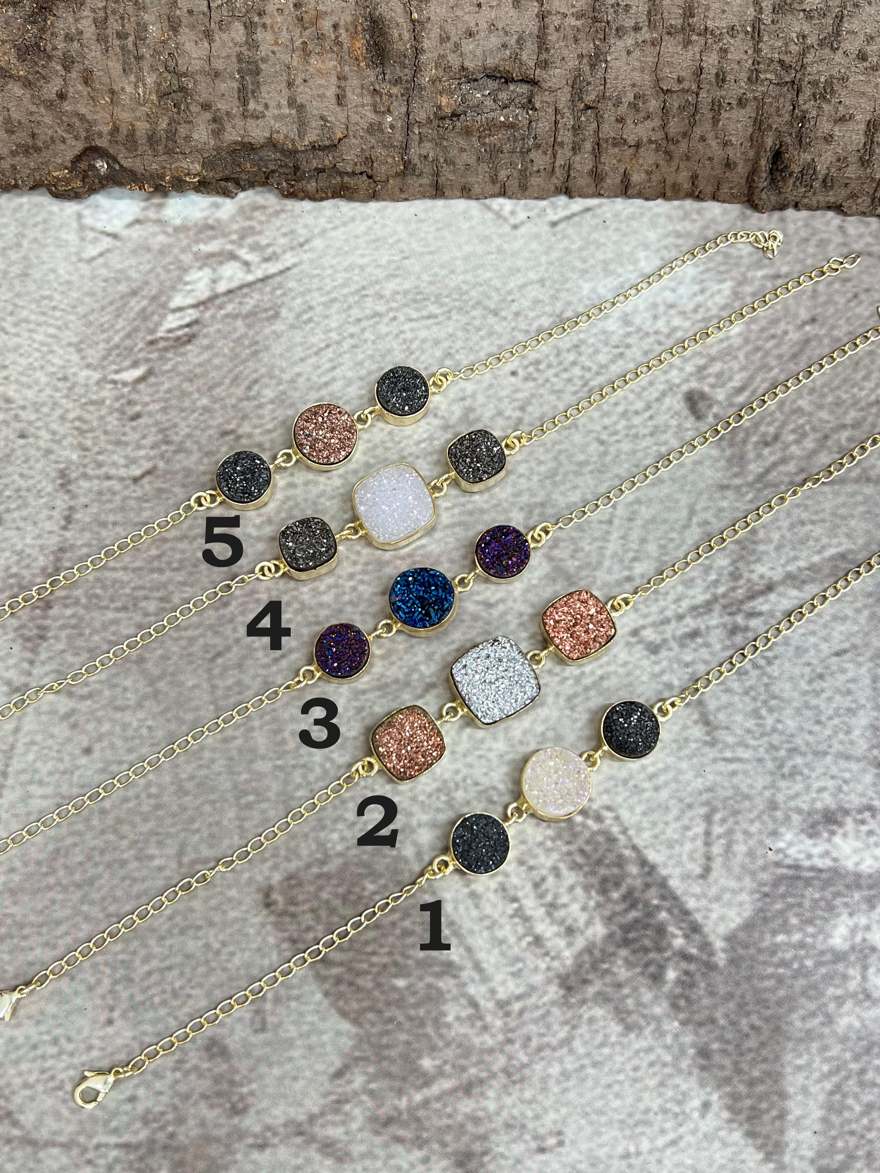 “The Boho Collection” Handmade Natural Gold Plated 3 Stone Druzy Chain Bracelet