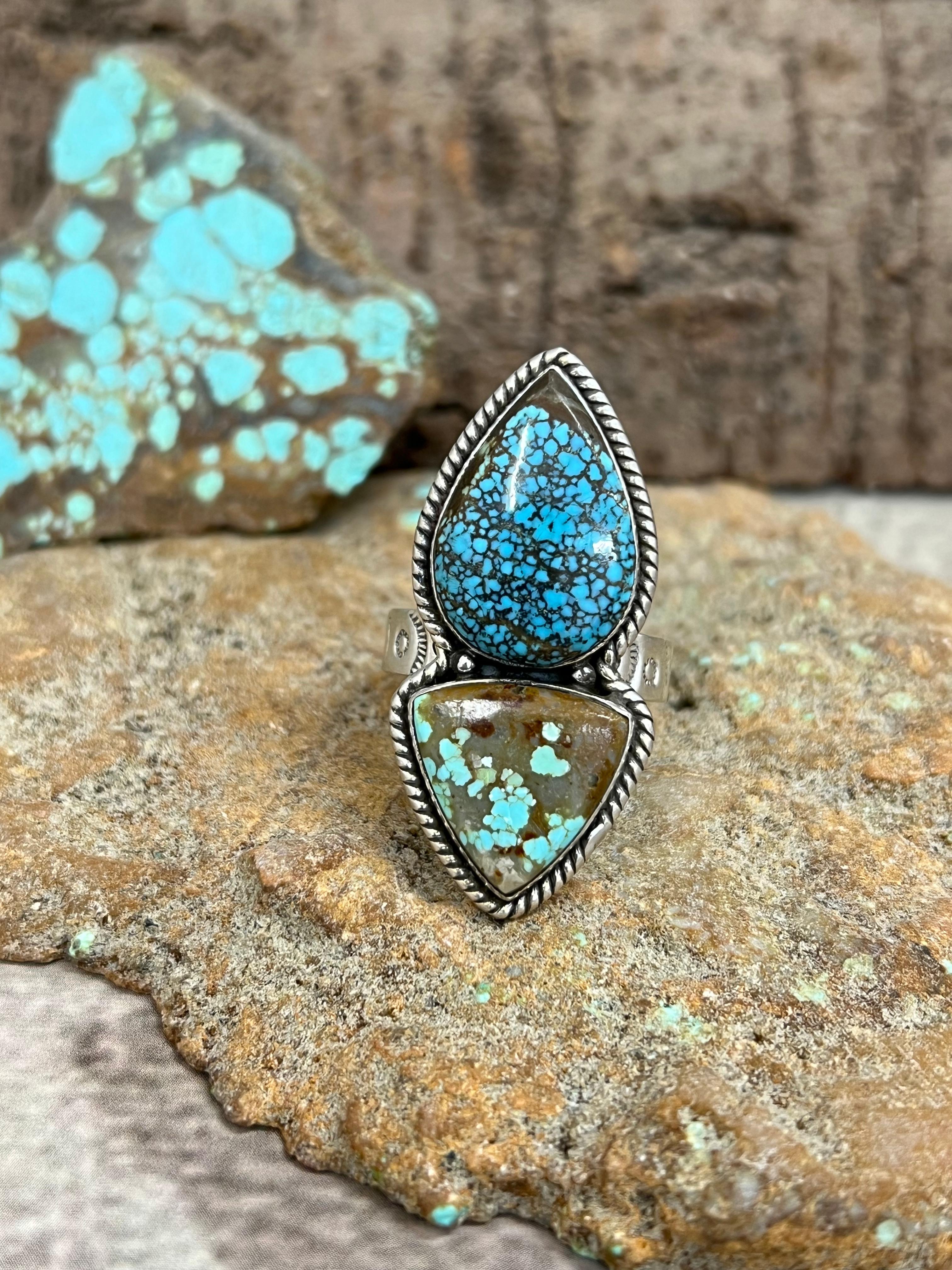 Handmade Sterling Silver Number 8 Turquoise Adjustable Ring with Signed Nizhoni