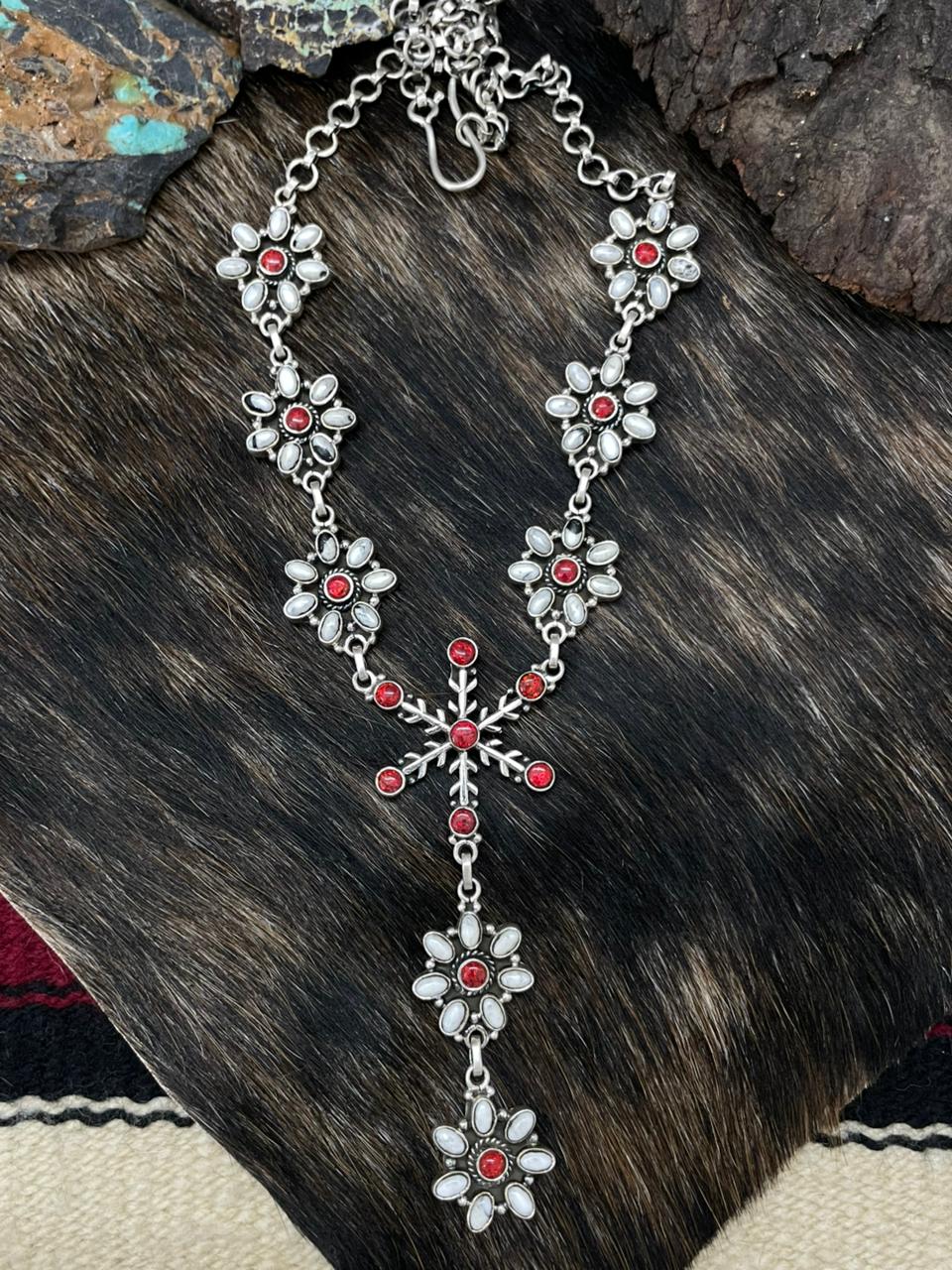 Handmade Sterling Silver White Buffalo with Red Opal Necklace "Signed Nizhoni"