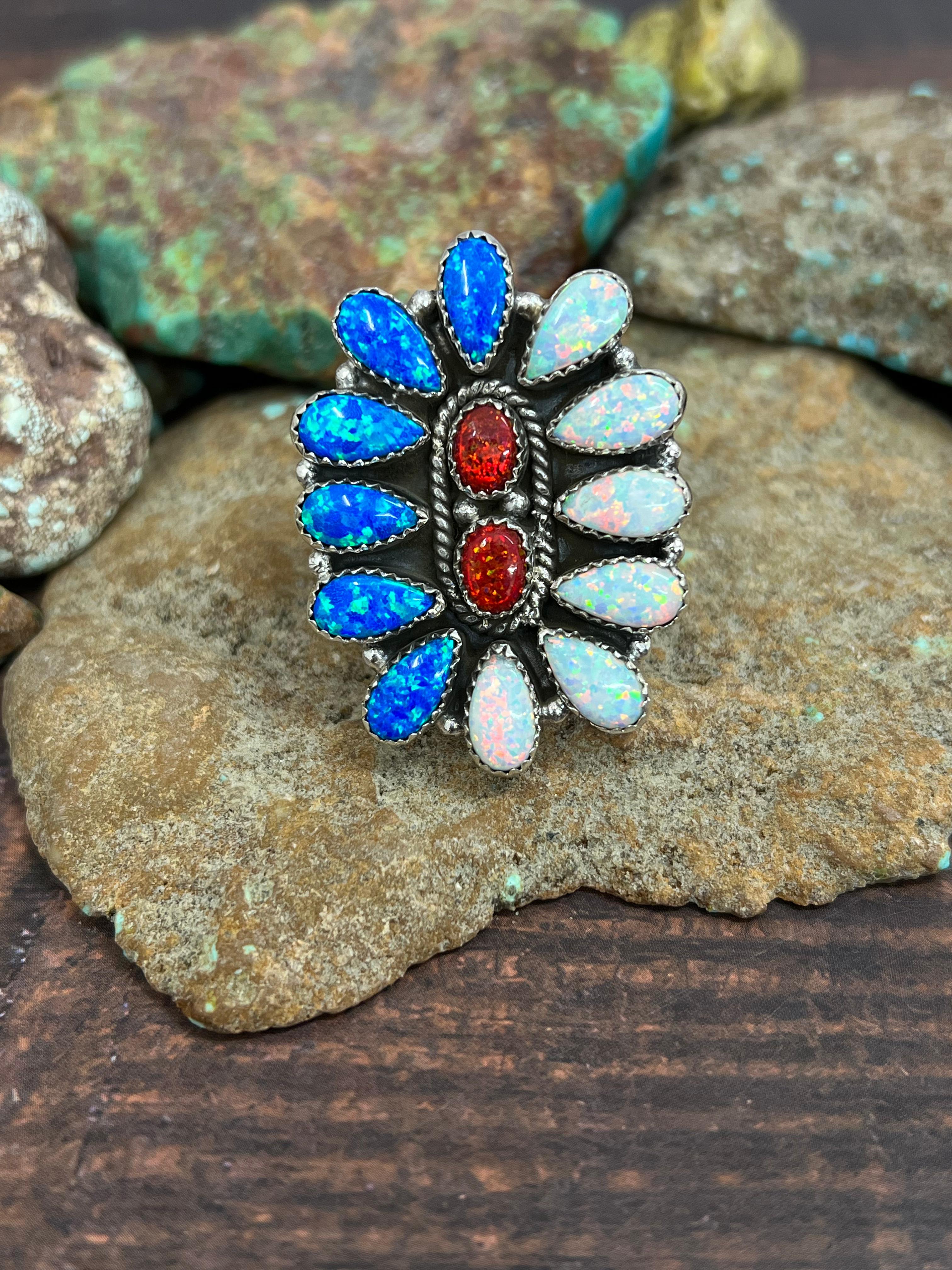 ** 4TH OF JULY ** Handmade Sterling Silver Synthetic Opal Adjustable Ring with Signed Nizhoni