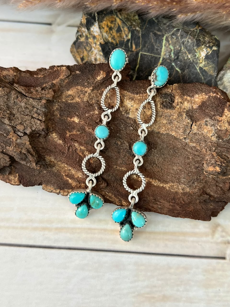 Handmade Sterling Silver Campitos Turquoise Post Dangle Earrings Signed Nizhoni