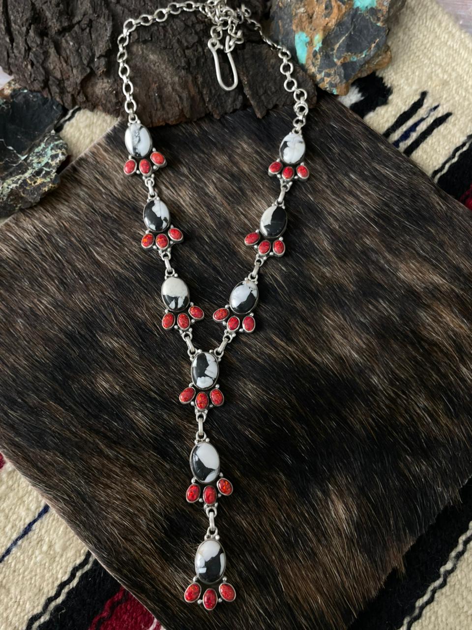 Handmade Sterling Silver White Buffalo with Red Opal Necklace "Signed Nizhoni"