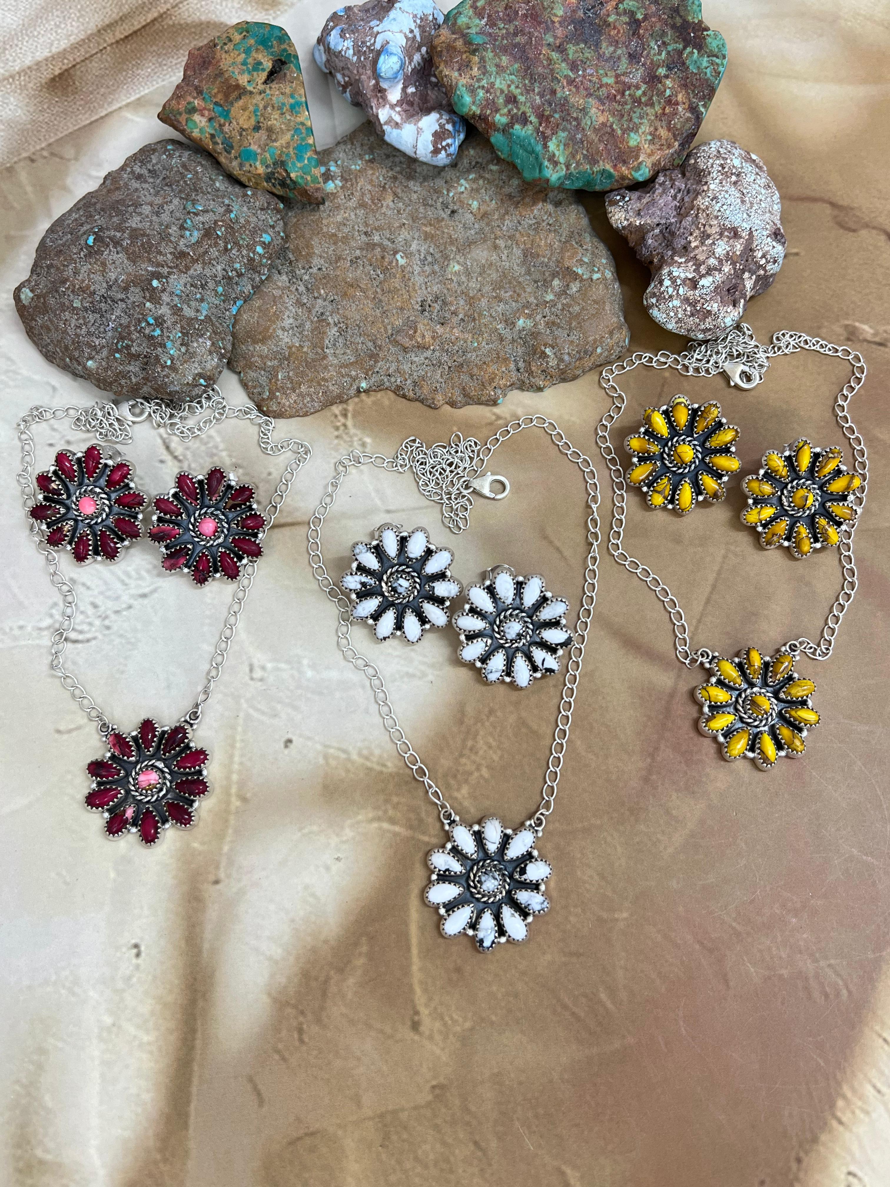 Handmade Sterling Silver Multi Stone Necklace Earrings Set, Signed Nizhoni