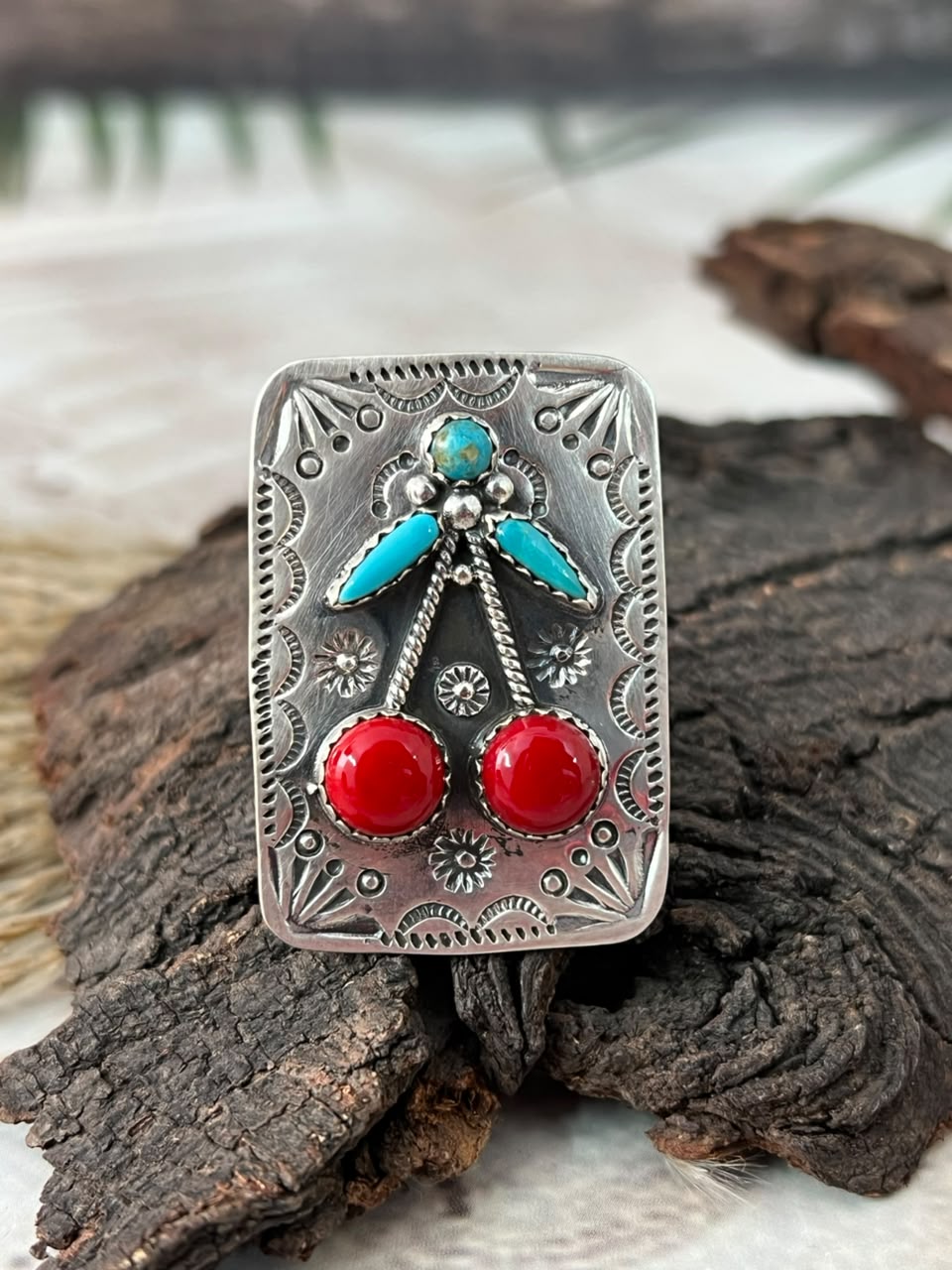 Handmade Sterling Silver Rosarita with Kingman Turquoise Cherry Adjustable Ring Signed Nizhoni