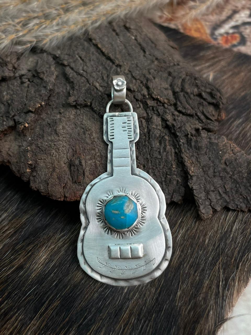 Handmade Sterling Silver Kingman Turquoise Guitar Pendant "Signed Nizhoni"