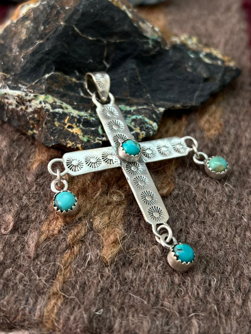 Handmade Sterling Silver Kingman Turquoise Cross Pendant "Signed Nizhoni"