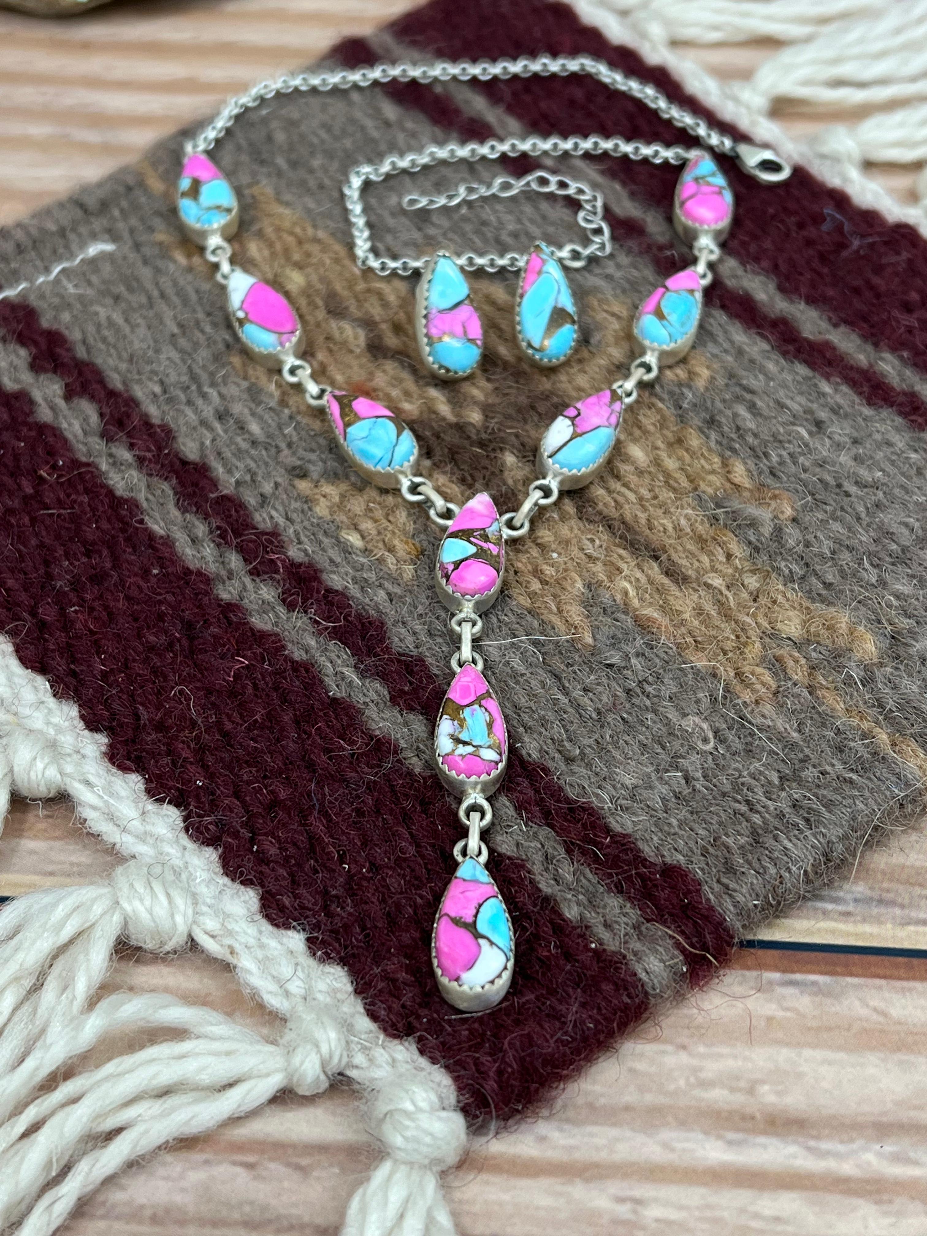 Handmade Sterling Silver Cotton Candy Turquoise Necklace Earrings Set, Signed Nizhoni