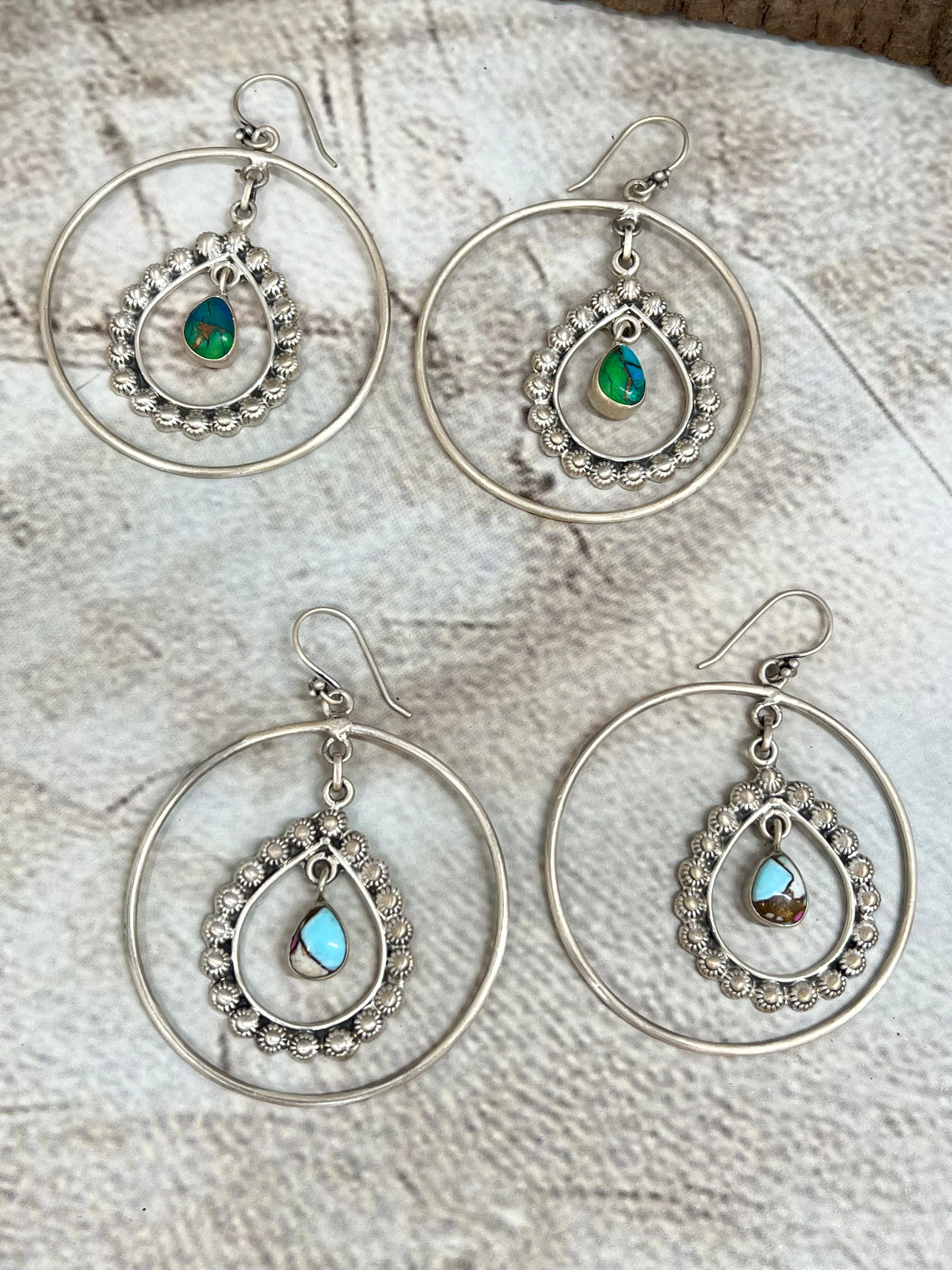 Handmade Sterling Silver Peacock Dahlia, Cotton Candy Turquoise Hoop Earrings with Signed Nizhoni (5)