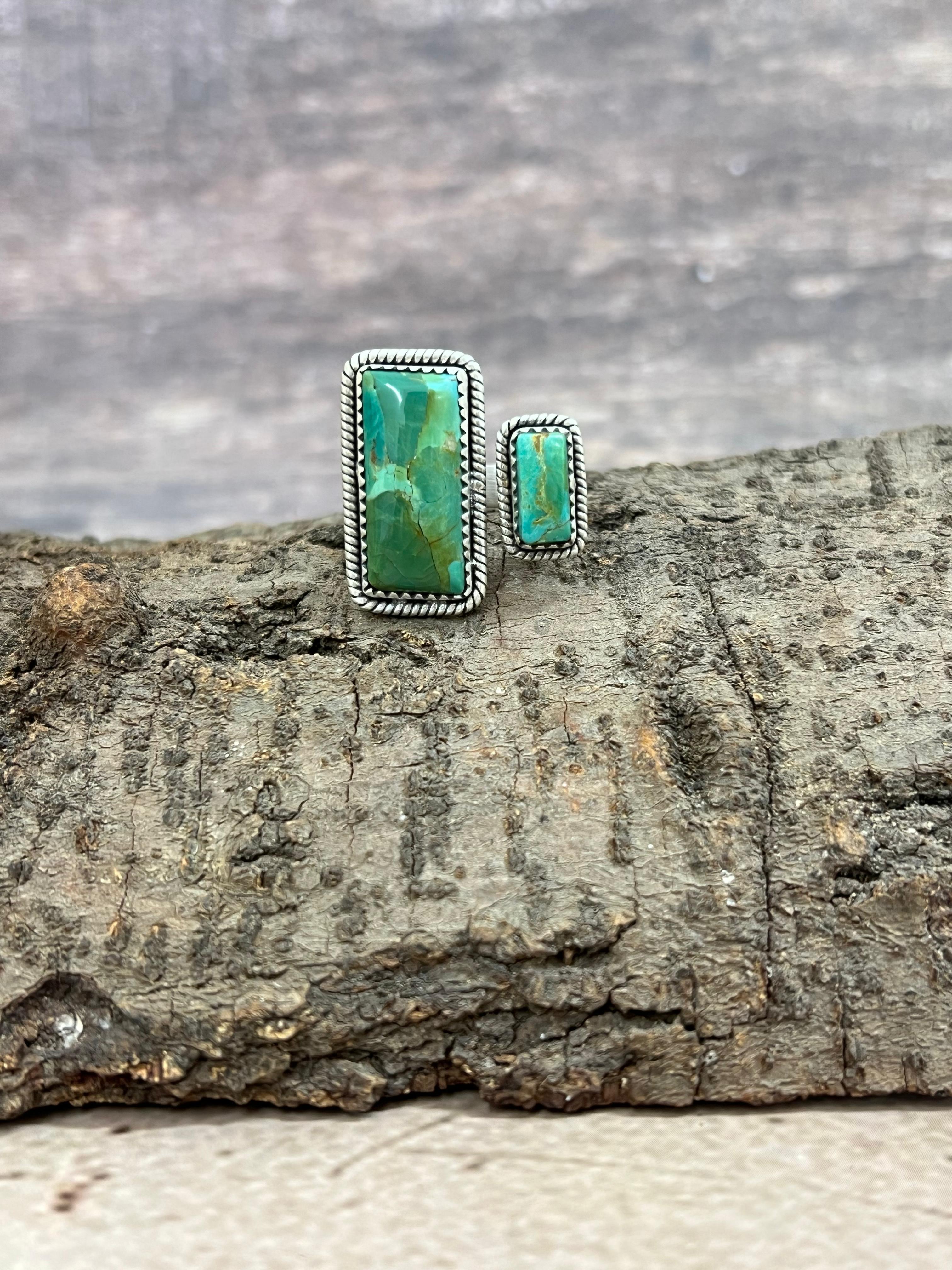 Handmade Sterling Silver Kingman Turquoise Adjustable Ring with Signed Nizhoni