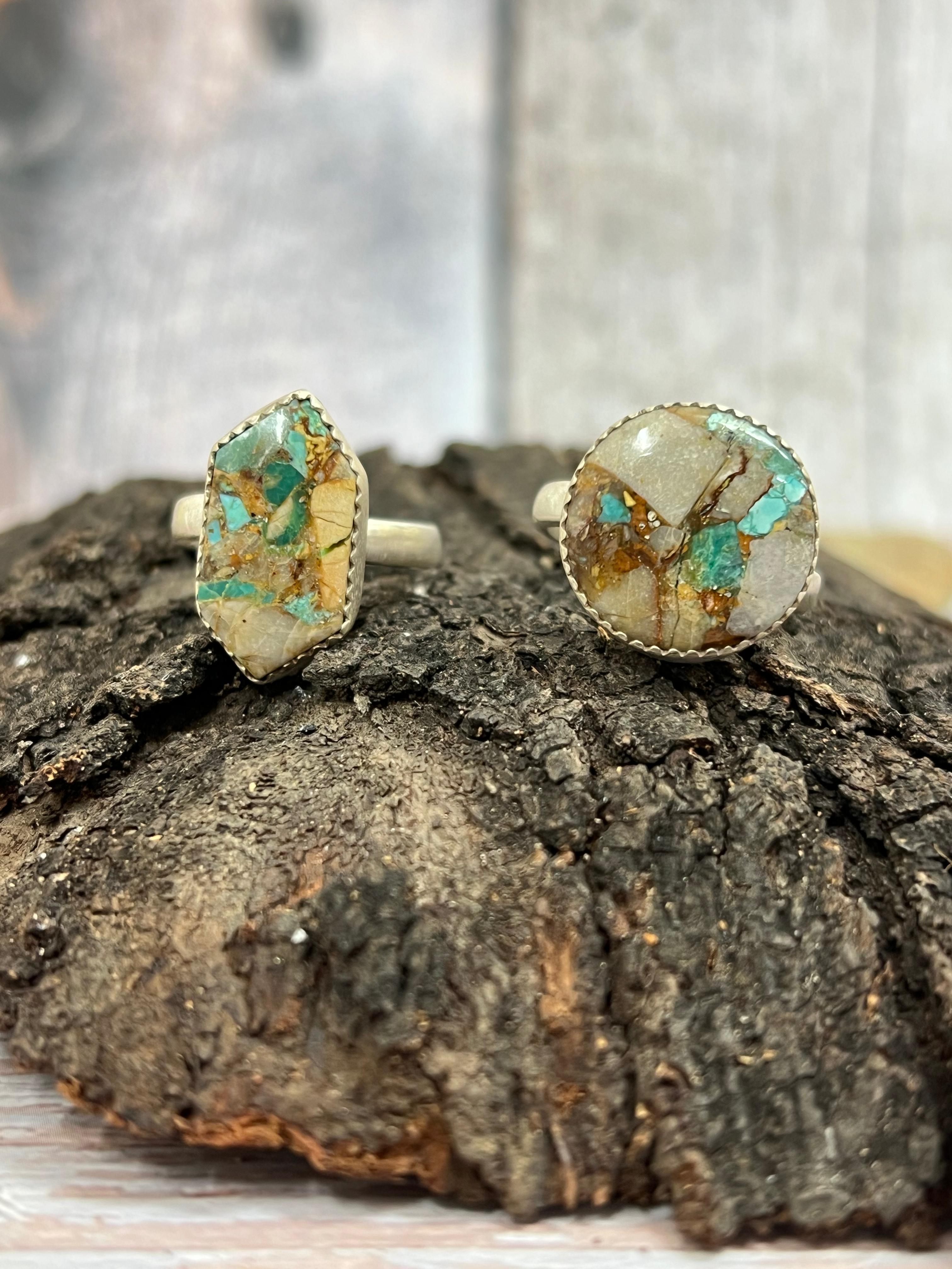 Handmade Sterling Silver Royston Turquoise Adjustable Ring with Signed Nizhoni