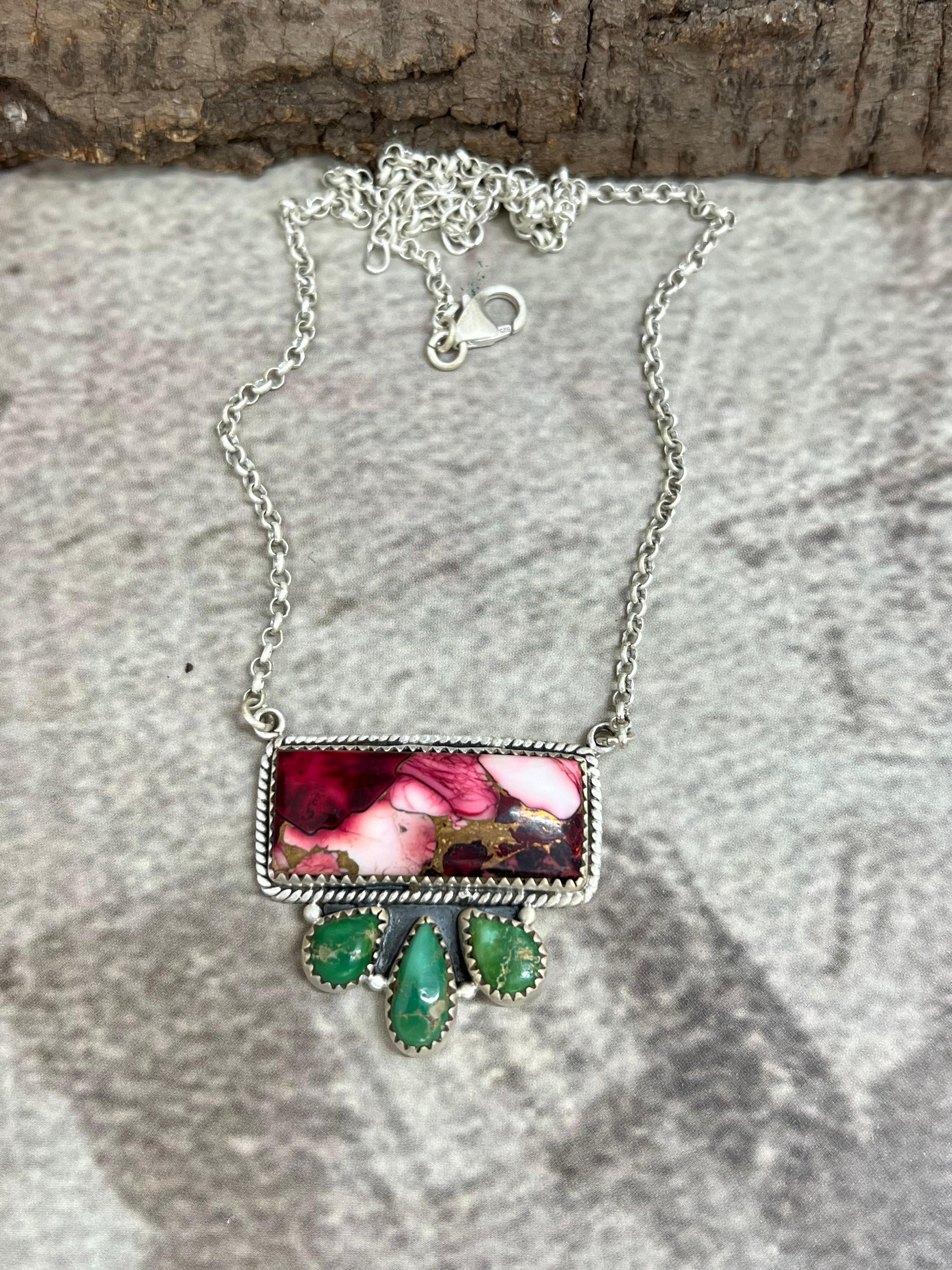 Handmade Sterling Silver Emerald Valley with Dahlia Rose Necklace, Signed Nizhoni