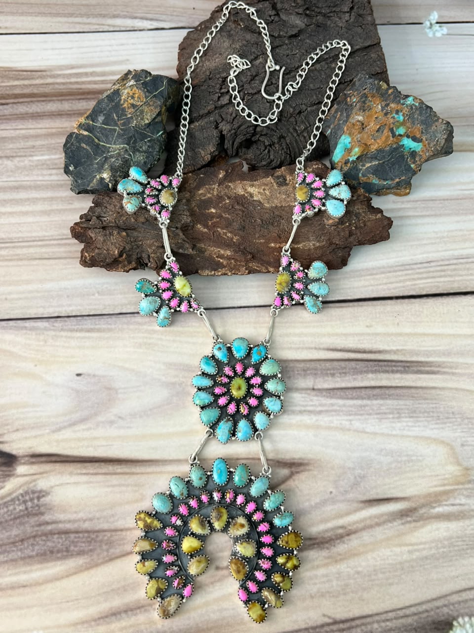 Handmade Sterling Silver Cotton Candy with Palomino and Sierra Bella Turquoise Necklace Signed Nizhoni
