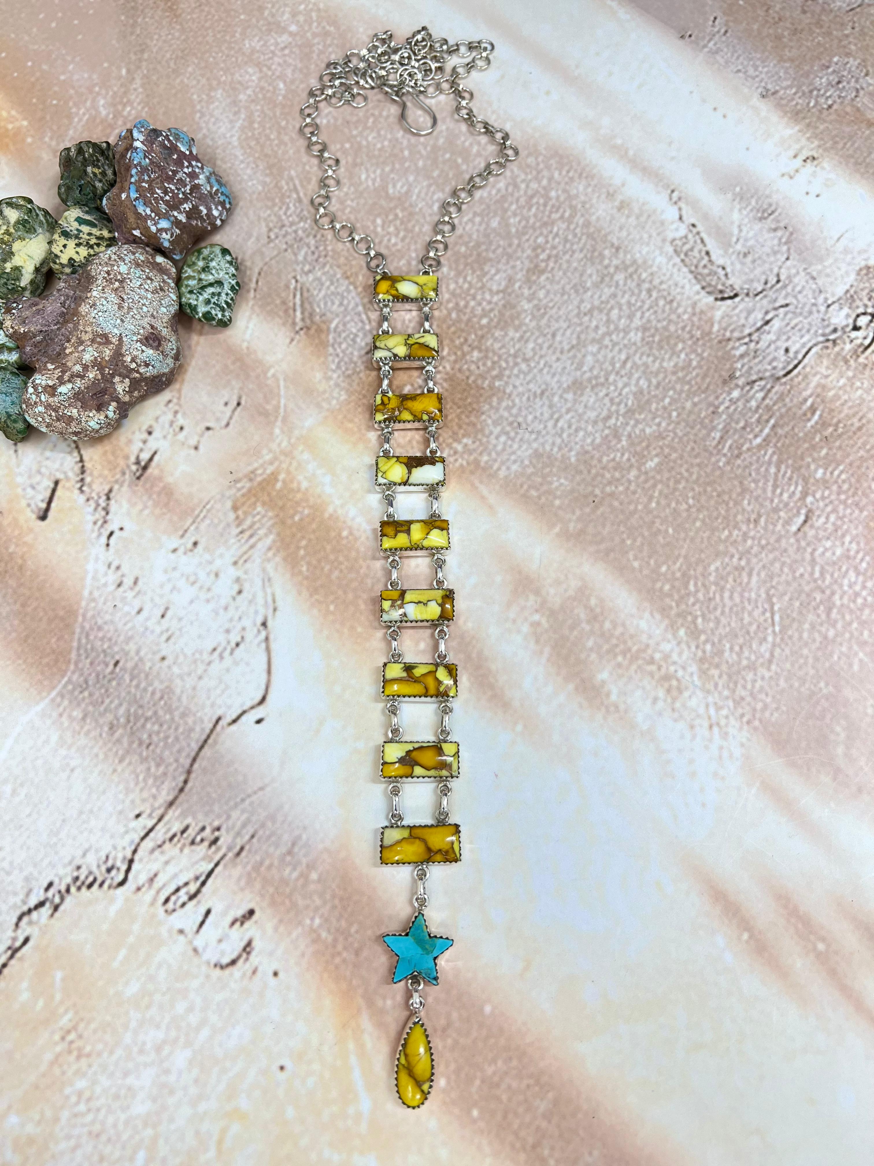 Handmade Sterling Silver Honey Dahlia with Kingman Turquoise Necklace with Signed Nizhoni