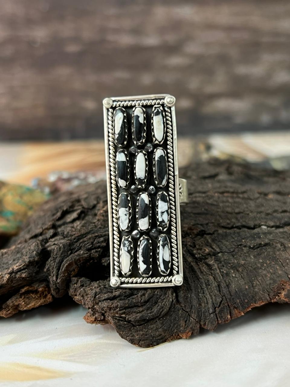 Handmade Sterling Silver White Buffalo Adjustable Ring "Signed Nizhoni"